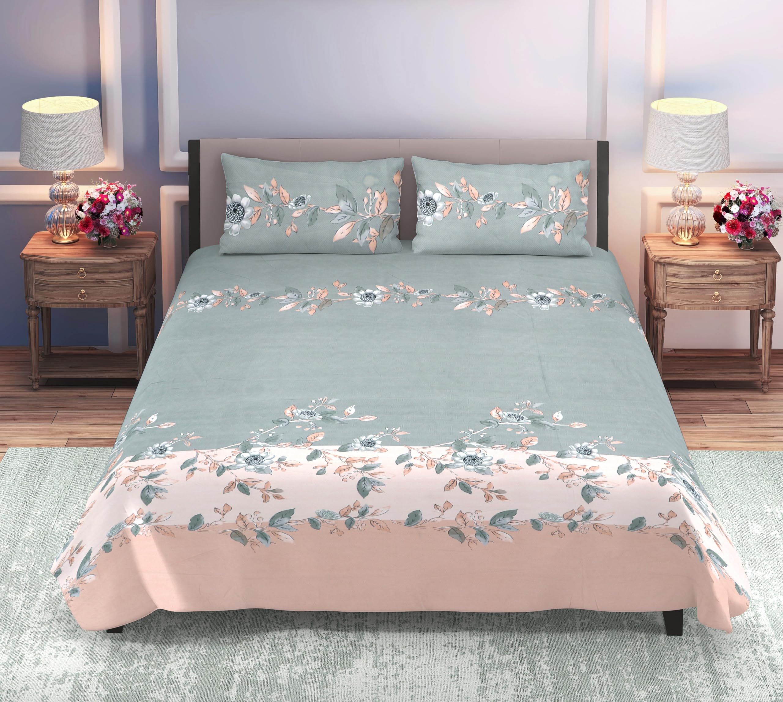 Microfiber Polycotton Flat Queen Double Bedsheet 144 TC, Size-(90"X100" Inches) (228 Cm X 254 Cm) with 2 Pillow Cover 17X27 Inchses (43X68) (Grey-Cream-Flower, Queen)-image-5