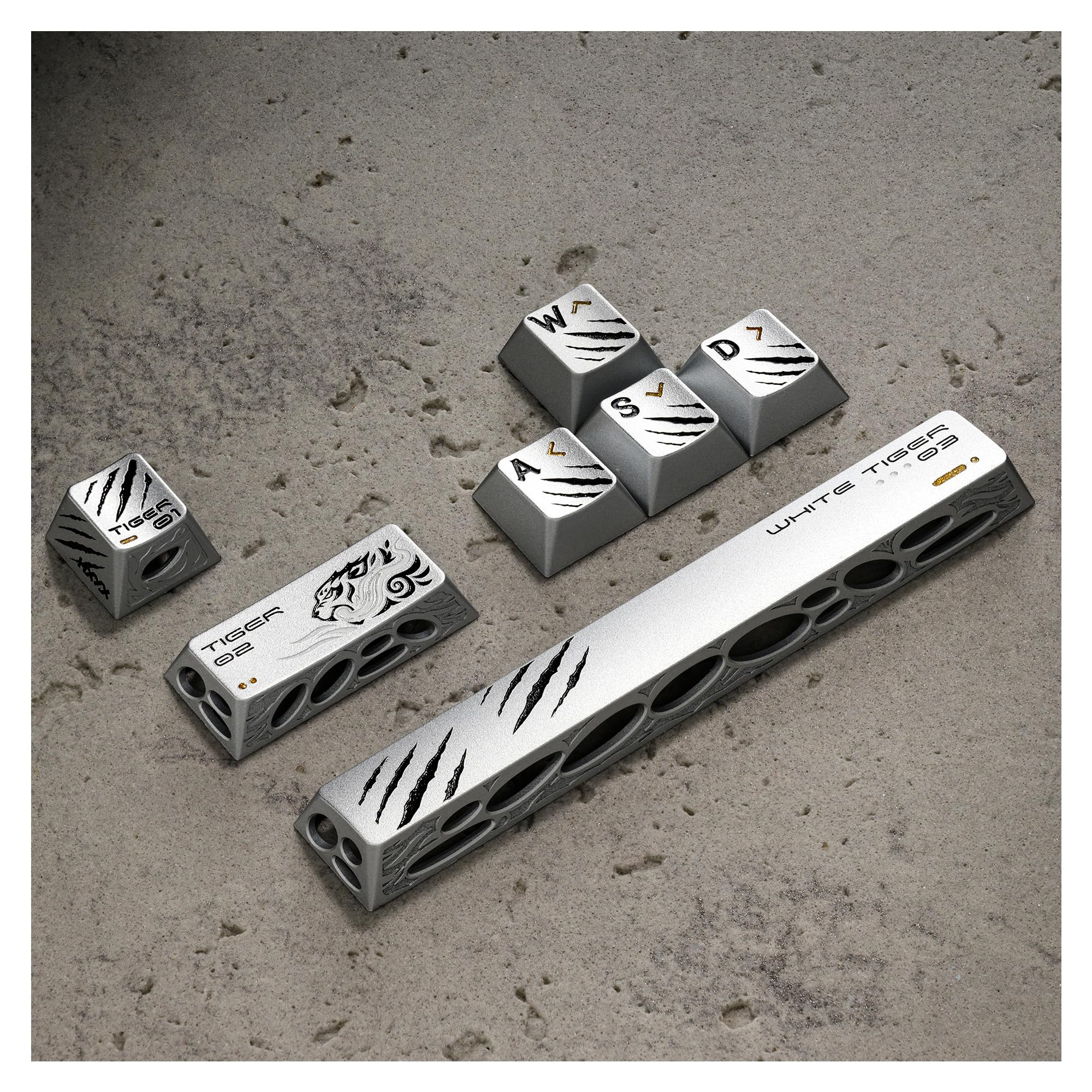 XVX Aluminum Metal Silver Keycaps, 7Keys WASD+ESC+Enter+Space Keyboard Keycap, CNC Machined Hollow-Out Design, Cherry Profile, Compatible for MX Switches Mechanical Keyboard (Holy Beasts White Tiger )