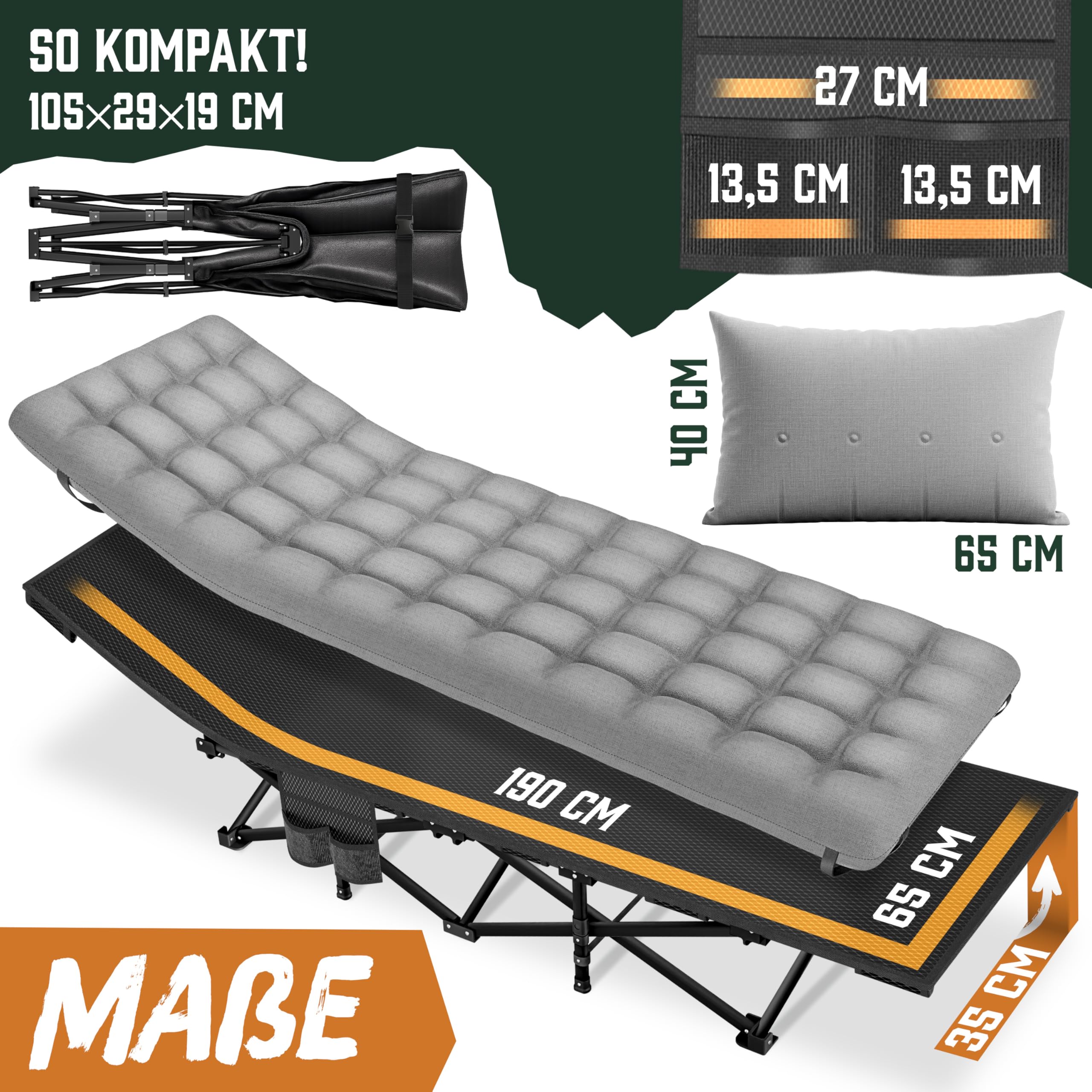 ELONEO NEU Feldbett klappbar mit Premium Auflage | Campingbett bis 200kg belastbar | Campingliege mit Seiten- & Tragetasche | Gästebett klappbar | Klappliege Indoor und Outdoor | Reisebett Erwachsene