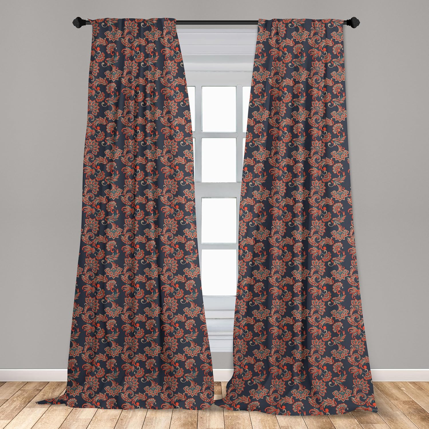 Ambesonne Ethnic Window Curtains, Oriental Image with Floral Swirls and Leaves Art Image, Lightweight Decor 2-Panel Set with Rod Pocket, Pair of - 28" x 95", Blue Grey