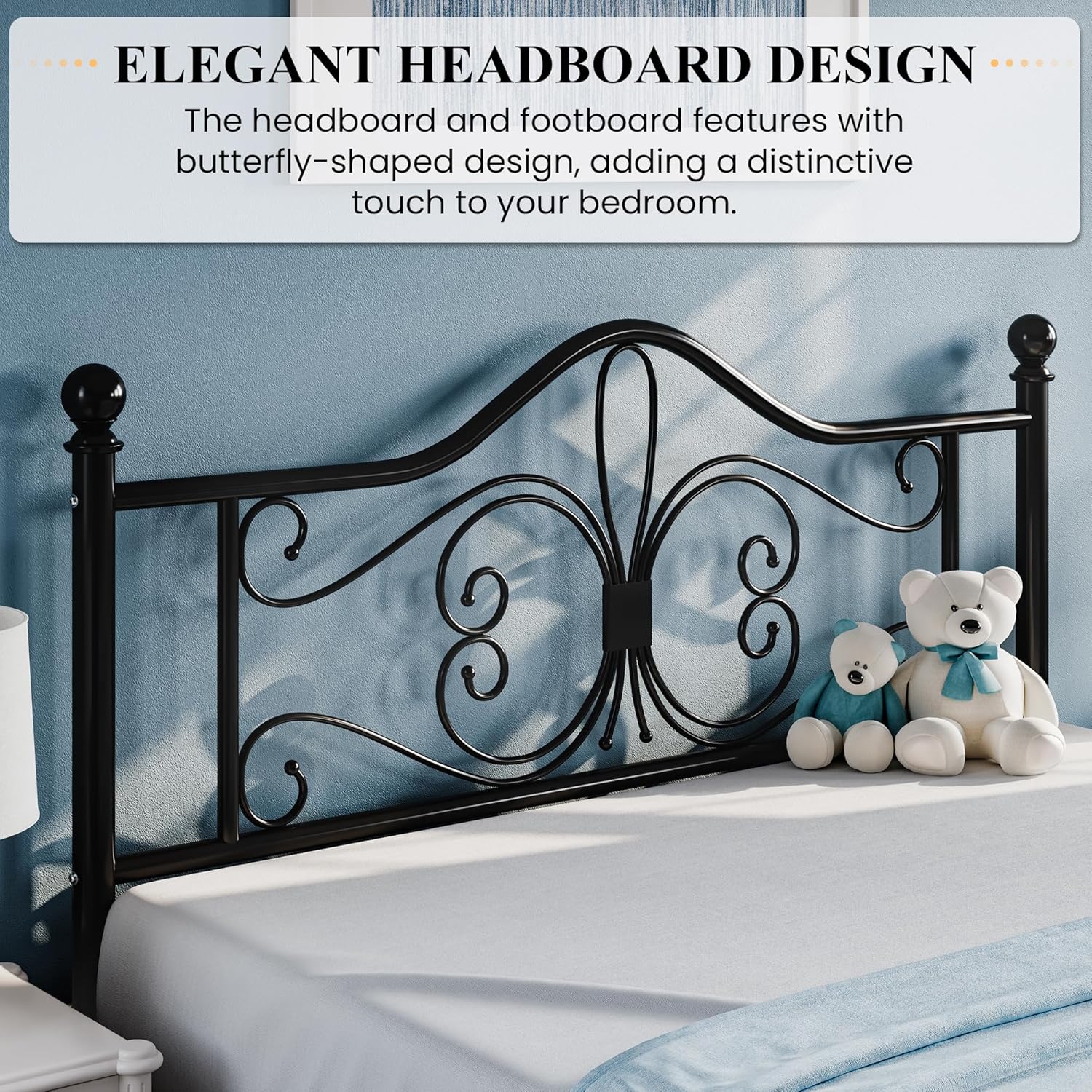 SHA CERLIN Full Size Bed Frame with Headboard,Metal Bed Frame with Butterfly Pattern Design Headboard & Footboard,No Box Spring Needed,Easy Assembly,Black