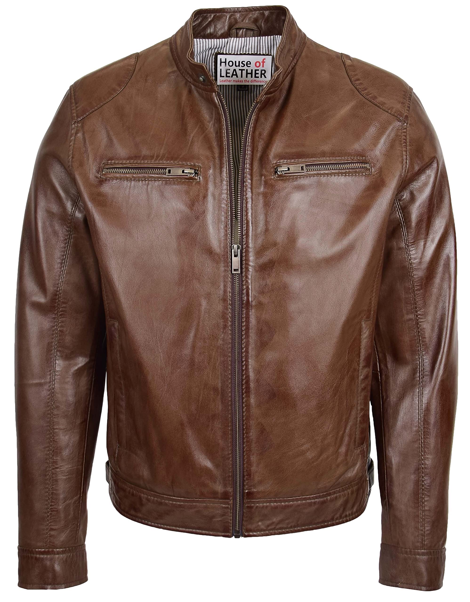 House Of Leather Men's Brown Real Soft Leather Biker Jacket Cafe Racer Style Milton (3Xl, )