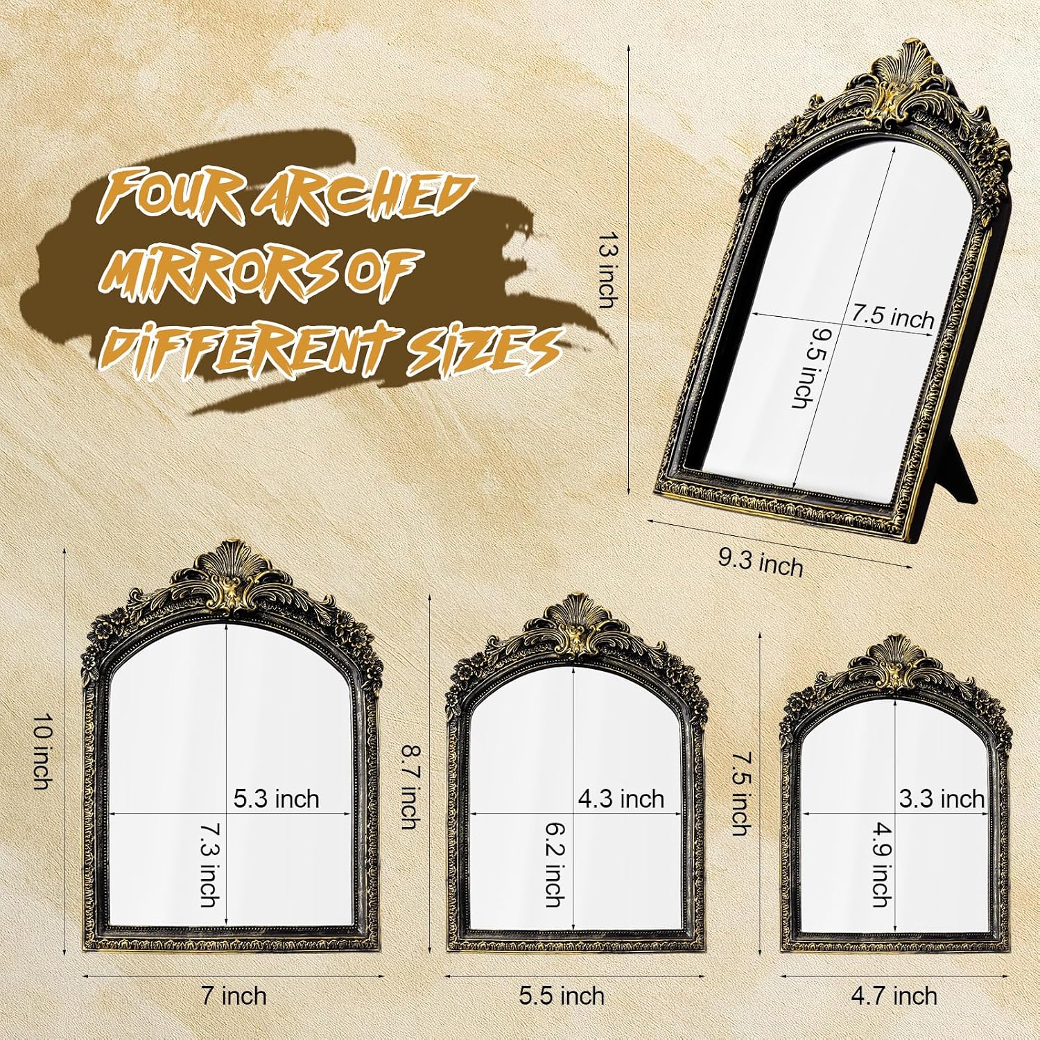 Thyle 4 Pcs Vintage Mirror Set Gold Antique Makeup Mirror Arch Retro Resin Baroque Decorative Wall Square Hanging Desk Tabletop Room Bedroom Bathroom Gallery (13x9 10x7 8x5 7x4)(Dark Color)