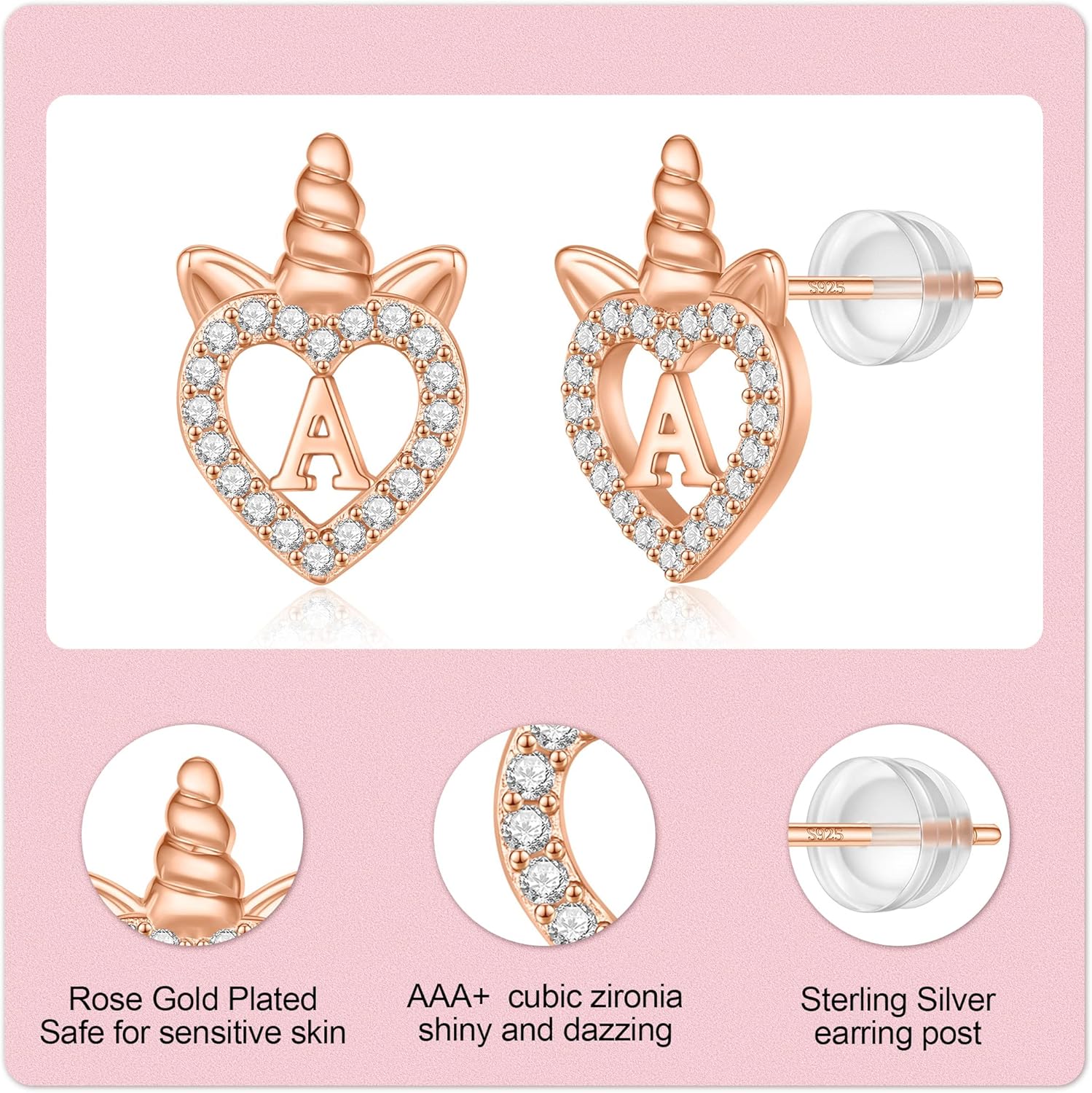 Unicorns Gifts for Girls Earrings, S925 Sterling Silver Post CZ Unicorn Stud Earrings White Gold/Rose Gold Plated Hypoallergenic Initial Earrings Unicorn Earrings for Kids Teen Girls - Image 6