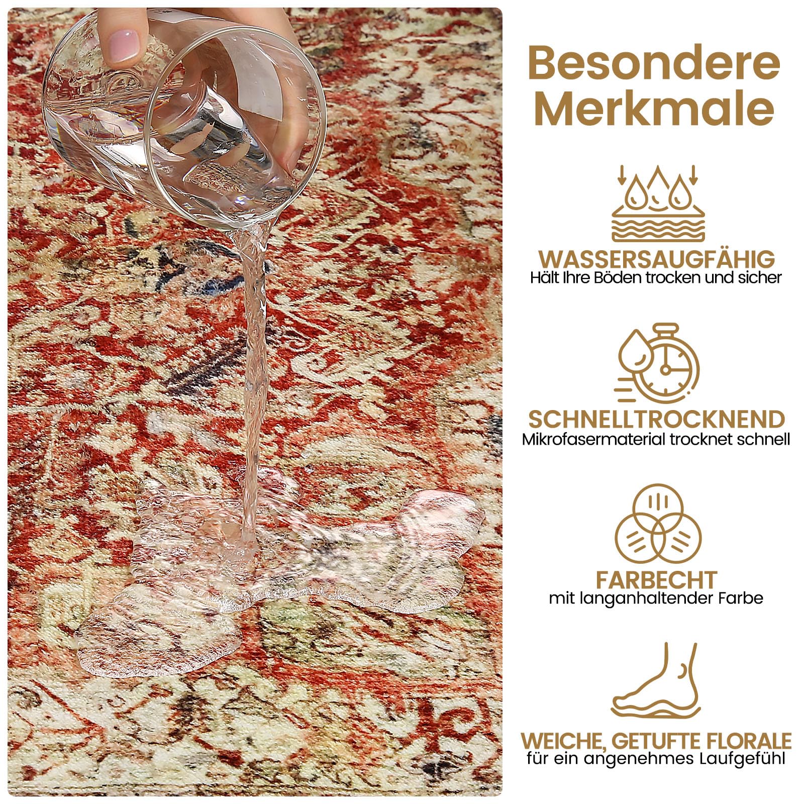 Vintage Teppich Wohnzimmer 160x230 cm Waschbar, Braun/Mehrfarbig | Rutschfester Groß Retro Rugs for Living Room, Kurzflor Weich Carpet für Schlafzimmer, Esszimmer, Büro