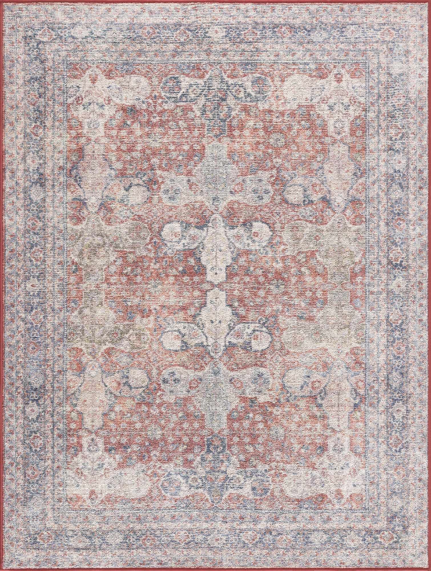 BoutiqueRugs Ambre Farmhouse Area Rug - Machine Washable - Burgundy, Blue, Beige - 5'3" x 7'