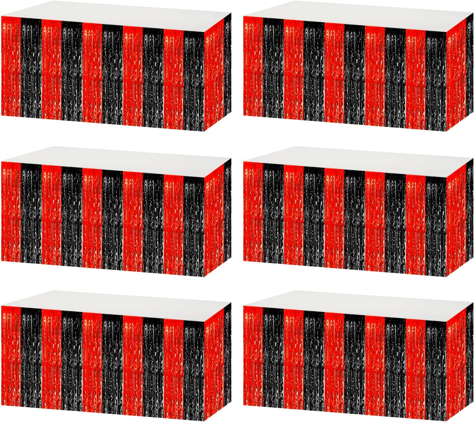 6 Pack 29x108 Inch Black Red Metallic Foil Fringe Tinsel Table Skirts for Rectangle Tables Streamer Curtains Backdrop for Wedding, Birthday, Parade Floats, Mardi Gras, Carnival Party Decoration