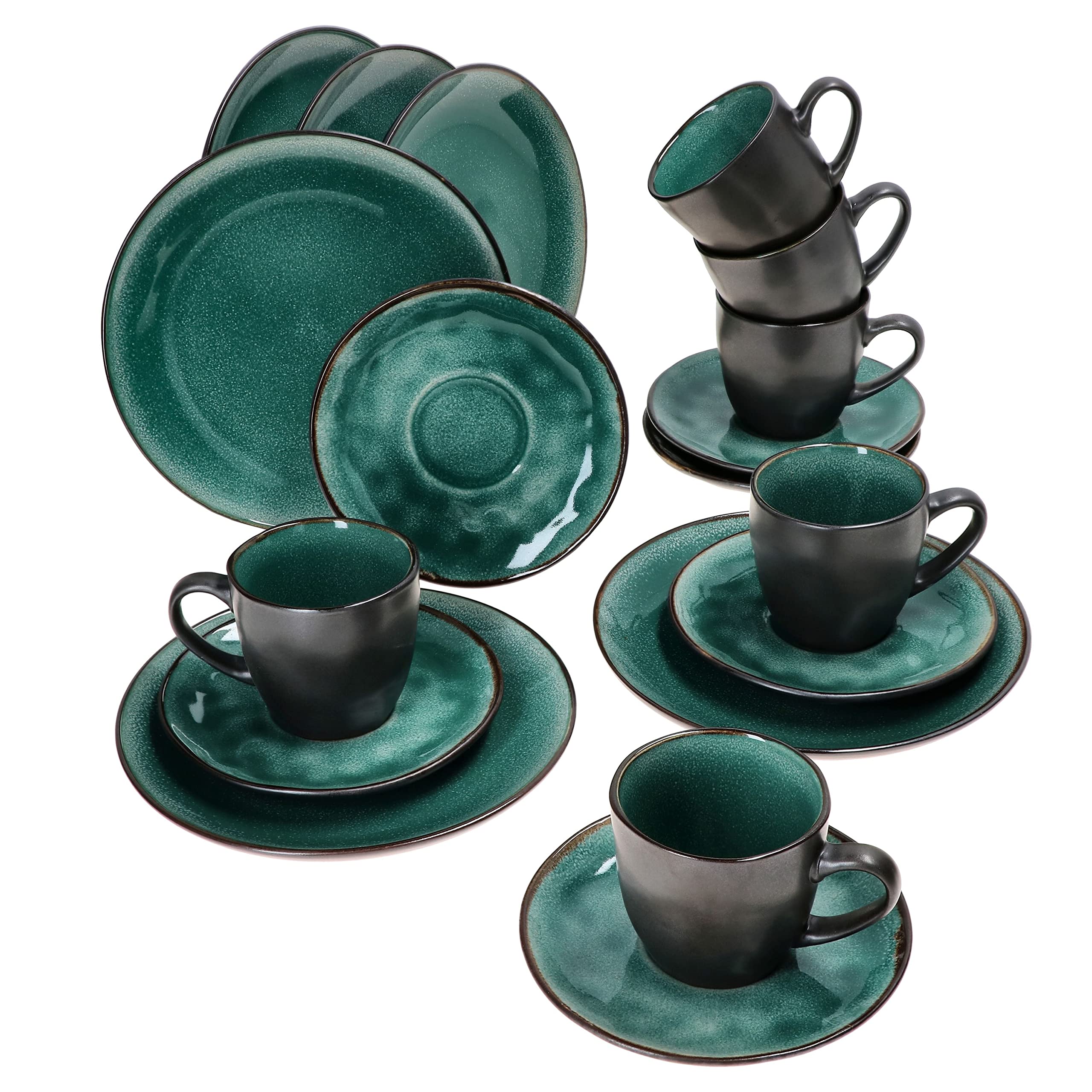 MamboCat Reactive Glaze Green 18tlg. Kaffeeservice I 6 Personen I Mintfarbenes handgefertigtes Geschirr-Set mit Kupfer-Optik I Je 6x Kaffeetasse, Untertasse & Kuchenteller I Steingut
