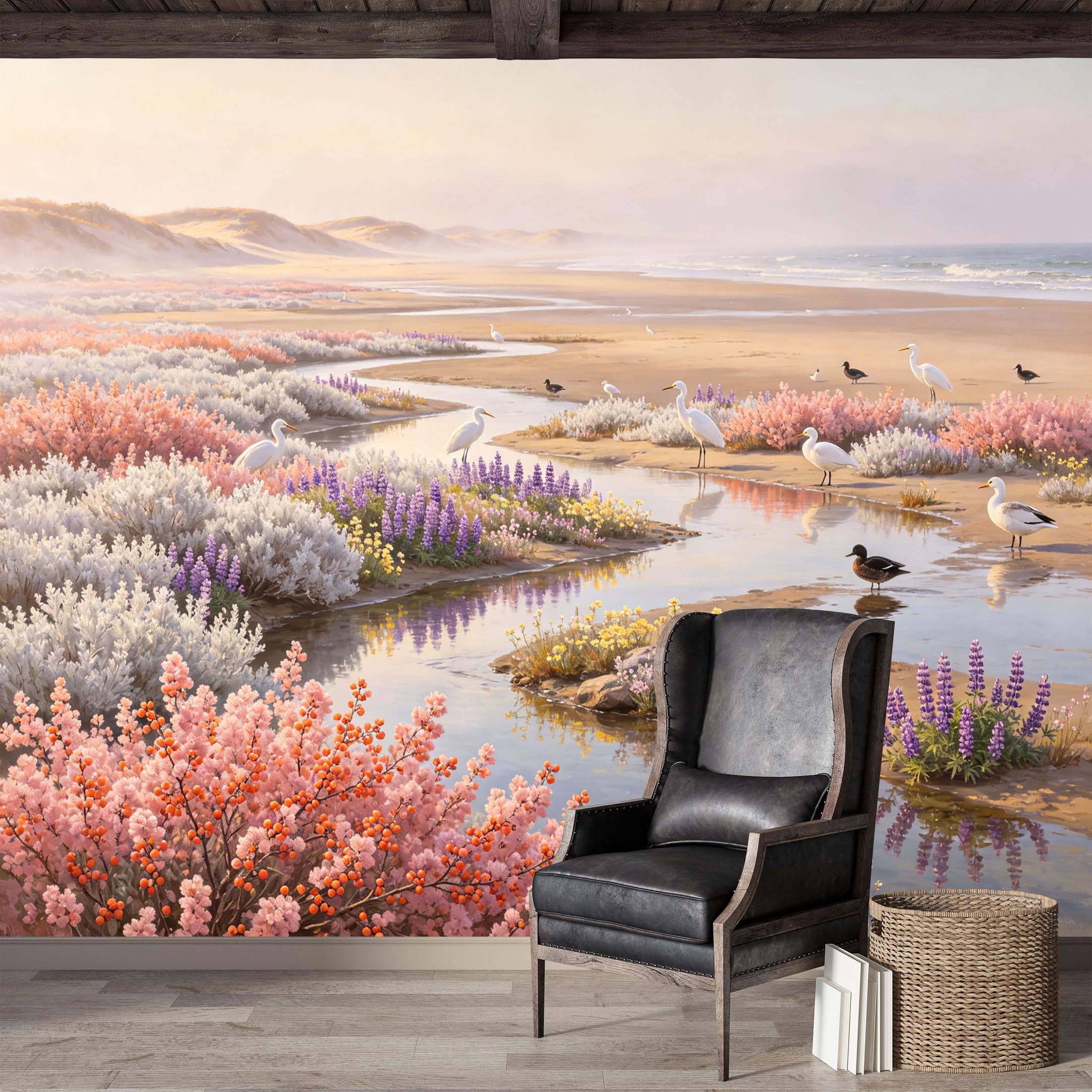 Custom Size Wall Mural,Coastal Seascape Landscape Egrets and Waterfowl Premium Water Activated SelfAdhesive Wallpaper,Removable Wall Covering,Easy DIY Install Wall Art for Indoor Home Decor