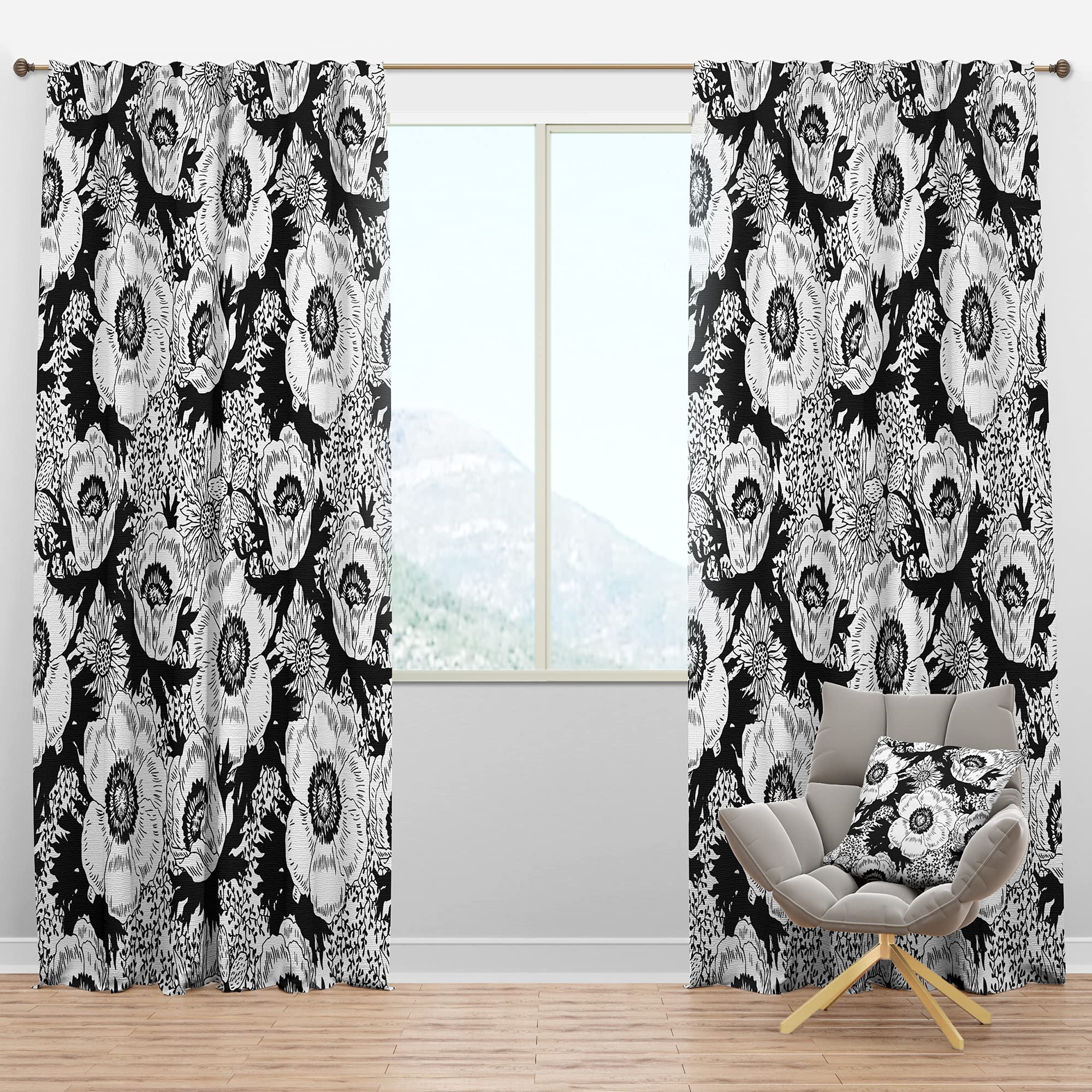 Rideau occultant rétro fleurs vintage style scandinave monochrome salon