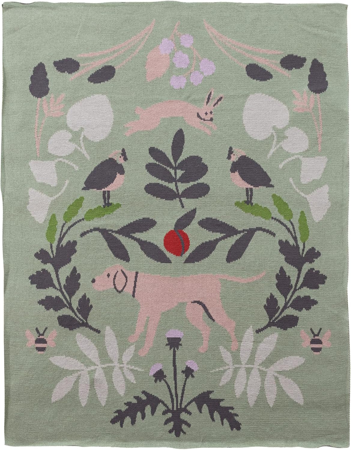 Creative Co-Op Cotton Knit Baby Blanket with Strawberry Pattern, Cream, Red and Green