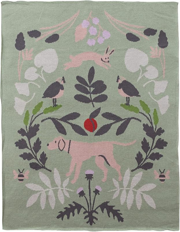 Creative Co-Op Cotton Knit Baby Blanket with Botanical and Animal Motifs, Multicolor