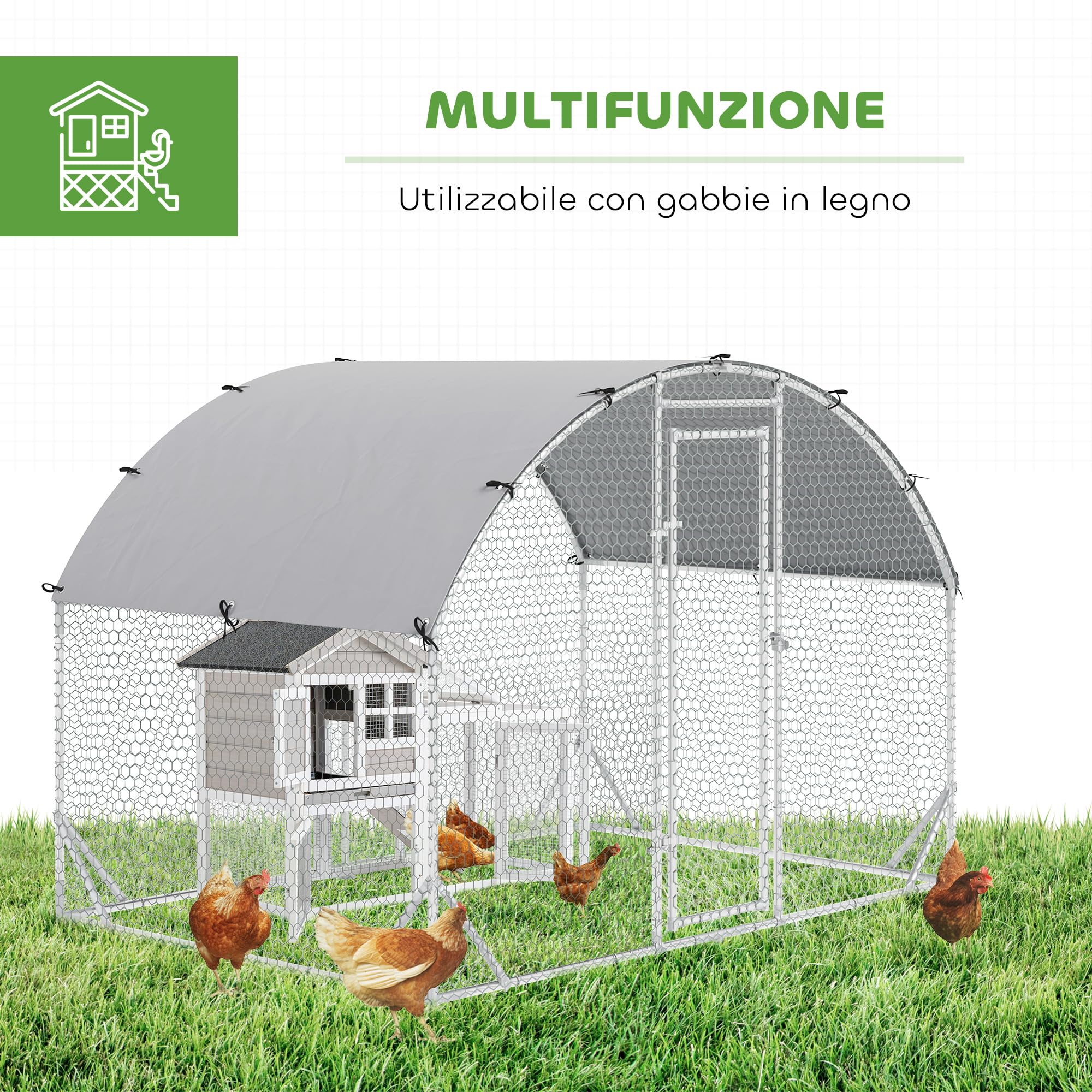 PawHut Pollaio per Galline da Esterno, 2.8x1.9x2m 5.3 m² Recinto Galline in Acciaio Zincato con Tetto Impermeabile Anti-UV e Serratura, Gabbia per 4-6 Polli, Piccoli Animali, Conigli e Anatre