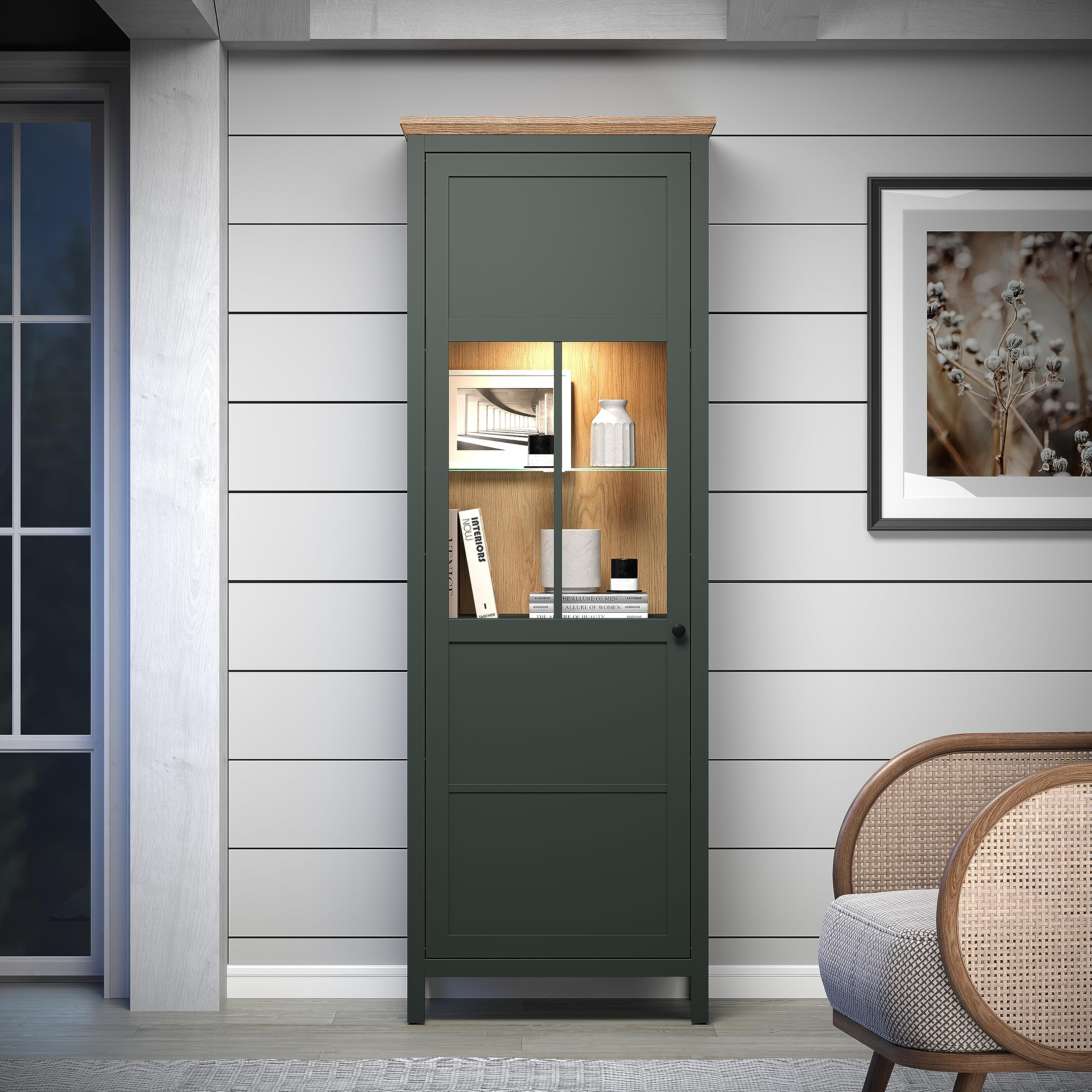 trendteam smart living - vitrine Armoire de Salon - Stanton - Dimensions de Construction (LxHxP) 69 x 198 x 39 cm - Couleur Vert pin avec chêne Evoke - 220913104