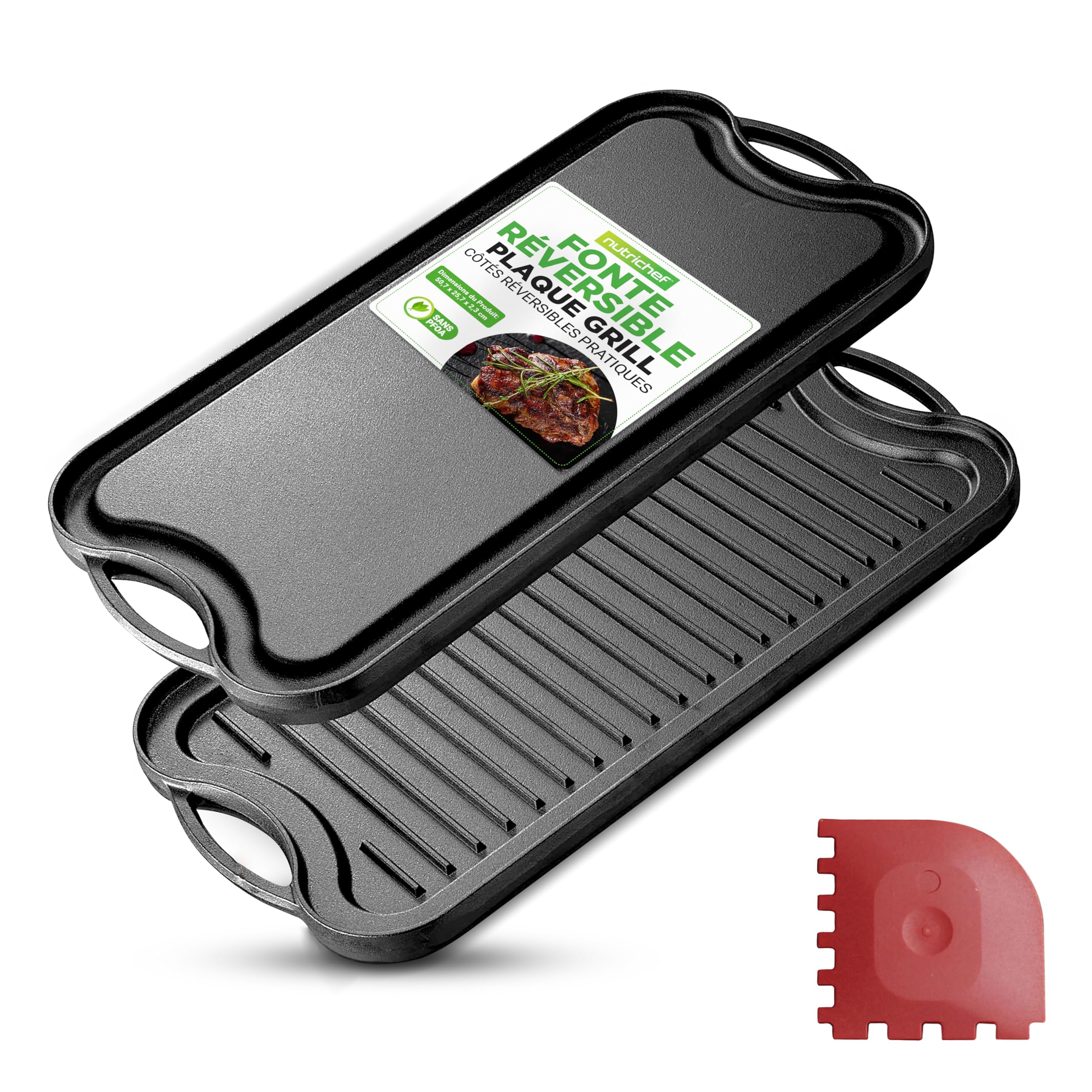 Nutrichef Plaque à Griller Réversible en Fonte-Plancha-Plancha pour Induction-Côtés Plat et Strié-Extra Large-Compatible Four -Sans PFOA et PFOS- Compatible avec Plusieurs Types de Plaques de Cuisson