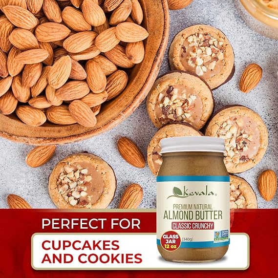 Kevala Almond Butter Crunchy - All-Natural Spread for Baking and Cooking, Nutritious Addition to Breakfast and Smoothies, Peanut Butter Substitute with no Sugar Added, with Pieces of Almonds, 12 oz
