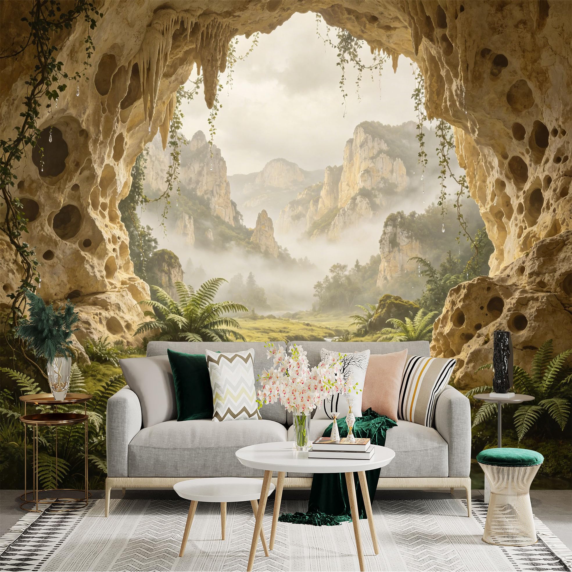 Custom Size Wall Sticker Mural， Fantasy Cave with Waterfall， Misty Mountains and Green Forest， for wall Decoration， peelandstick wall Decals.