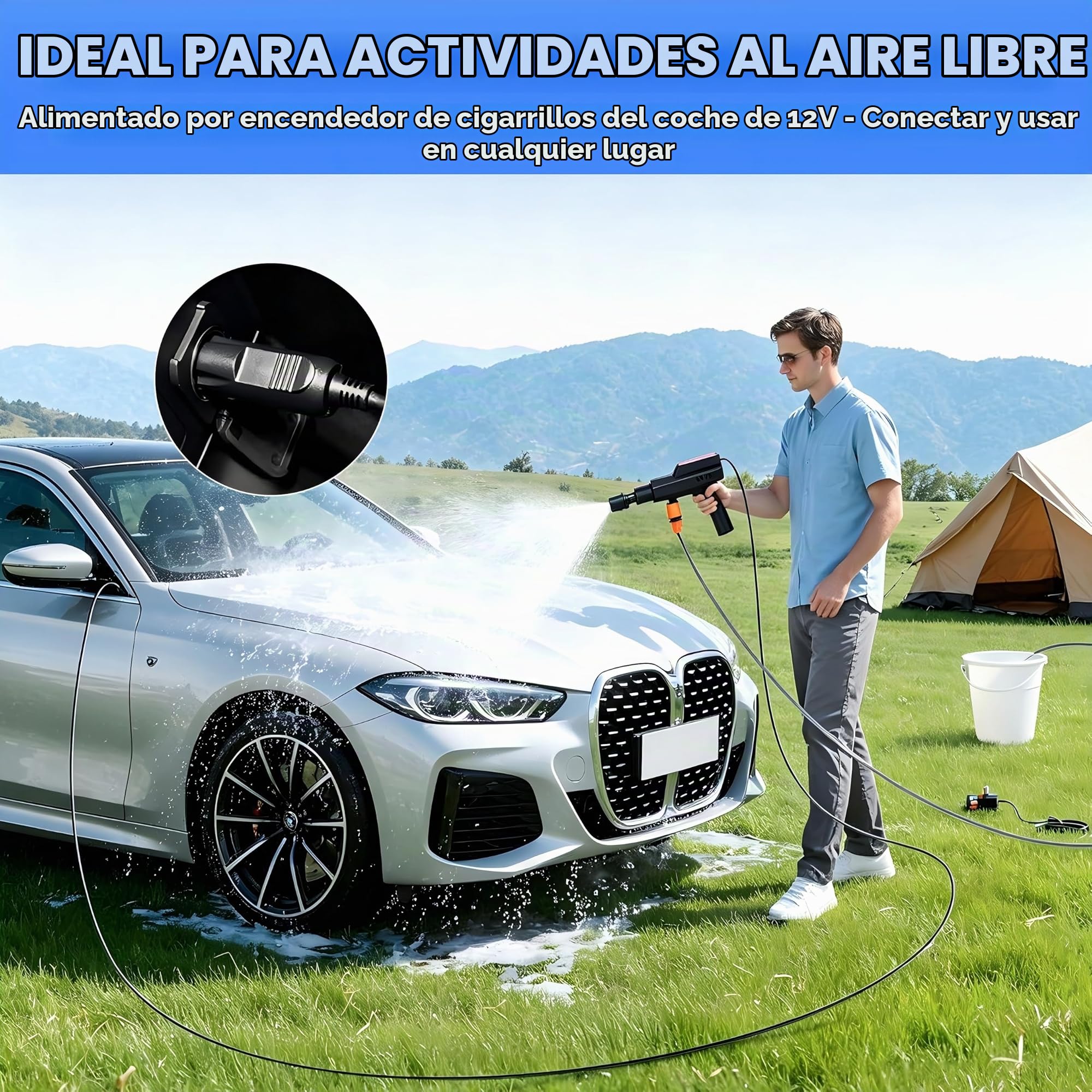 Hidrolimpiadora Inalámbrica 12000mAh, 4 Niveles, Carga USB-C y 12V | Limpiadora a Presión Portátil, Boquilla 5 en 1, Manguera 5 m, Depósito de Espuma para Coche, Bicicleta y Jardín