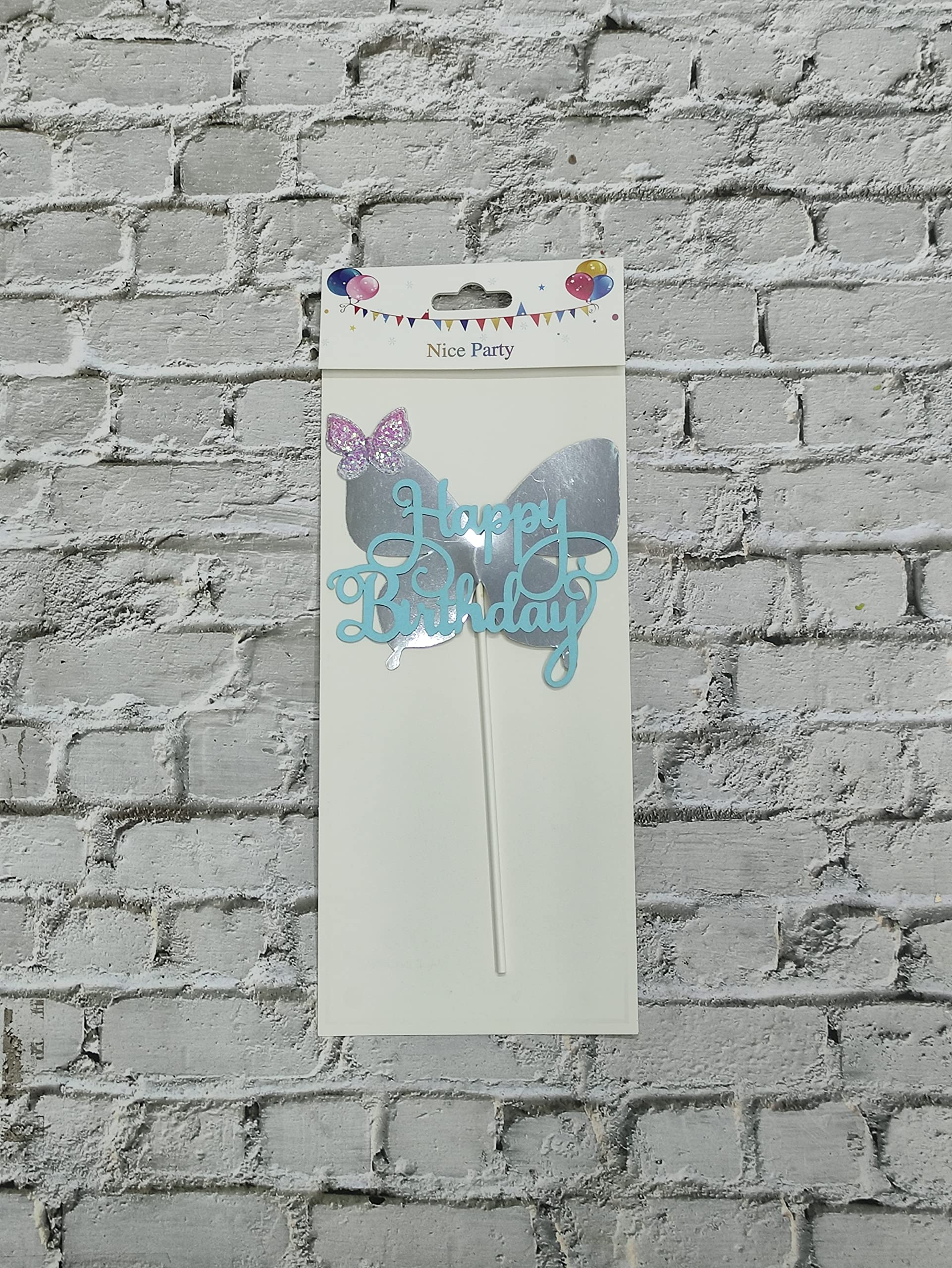 CAKE DECOR™ 1pcs Blue Happy Birthday Butterfly Theme Stick Topper For Cake Decoration(SB-TOPPER-310-Blue) - Image 1
