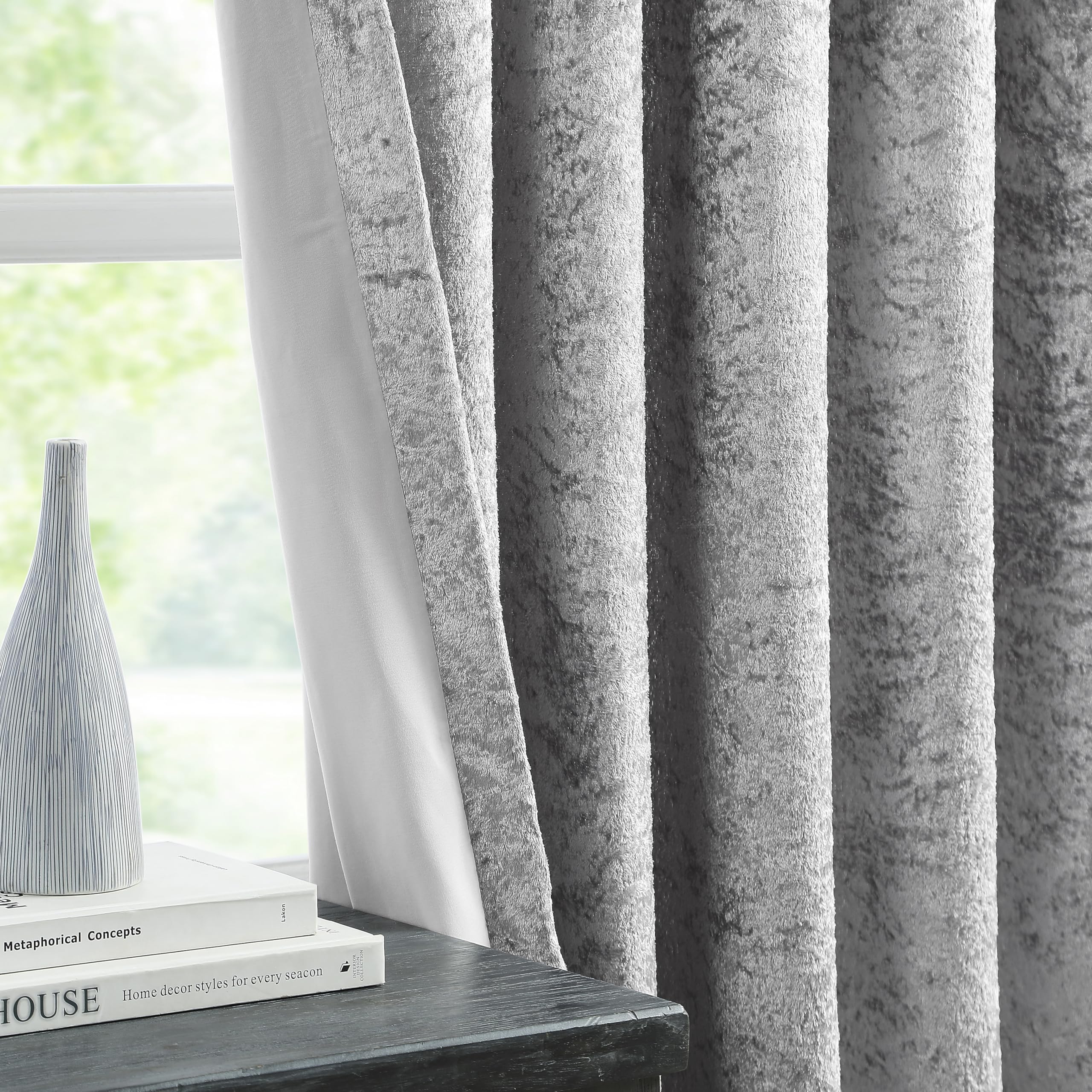 Bujasso Silver Full Blackout Curtains 54 inch Eyelet Crushed Velvet with Blackout Lining Drapes for Living Room Bedroom Thermal Insulated Room Darkening Curtains 2 Panels Grommet Top W46xL54
