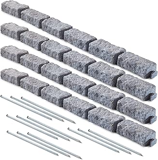 Beuta DIY No Dig Faux Stone Landscape Edging 4-Pack w/Anchoring Spikes, Flexible Brick-Sized Border for Driveways Yards Trees or Gardens, Each 6-Brick Section 47.5" L x 2.25" H x 3.75" W Greystone