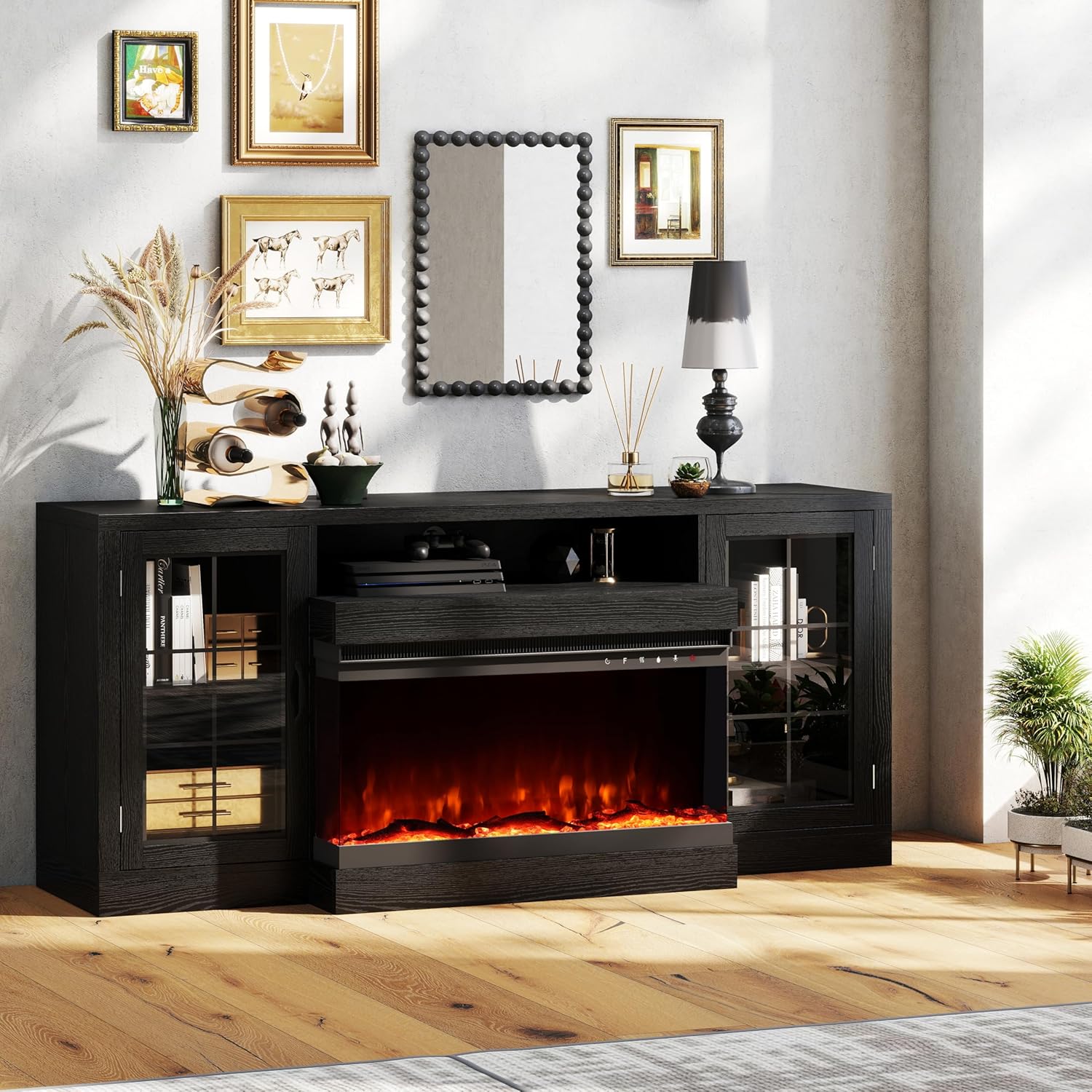 CharaVector 63 inch Fireplace TV Stand for TVs up to 75" with 30" 3-Sided Electric Fireplace, Farmhouse Entertainment Center with Glass Doors & Storage Cabinet, Black