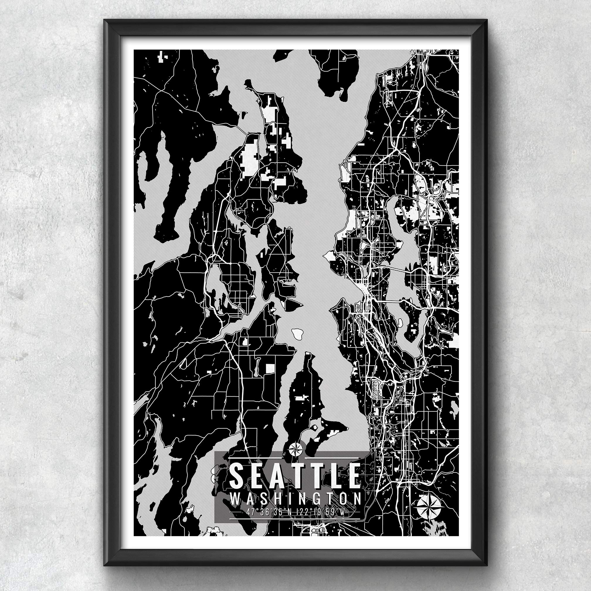 Seattle Washington Map with Coordinates, Wall Art, Seattle Map, Map Art, Map Print, Seattle Print, Seattle Art, Map, Seattle, Washington Art