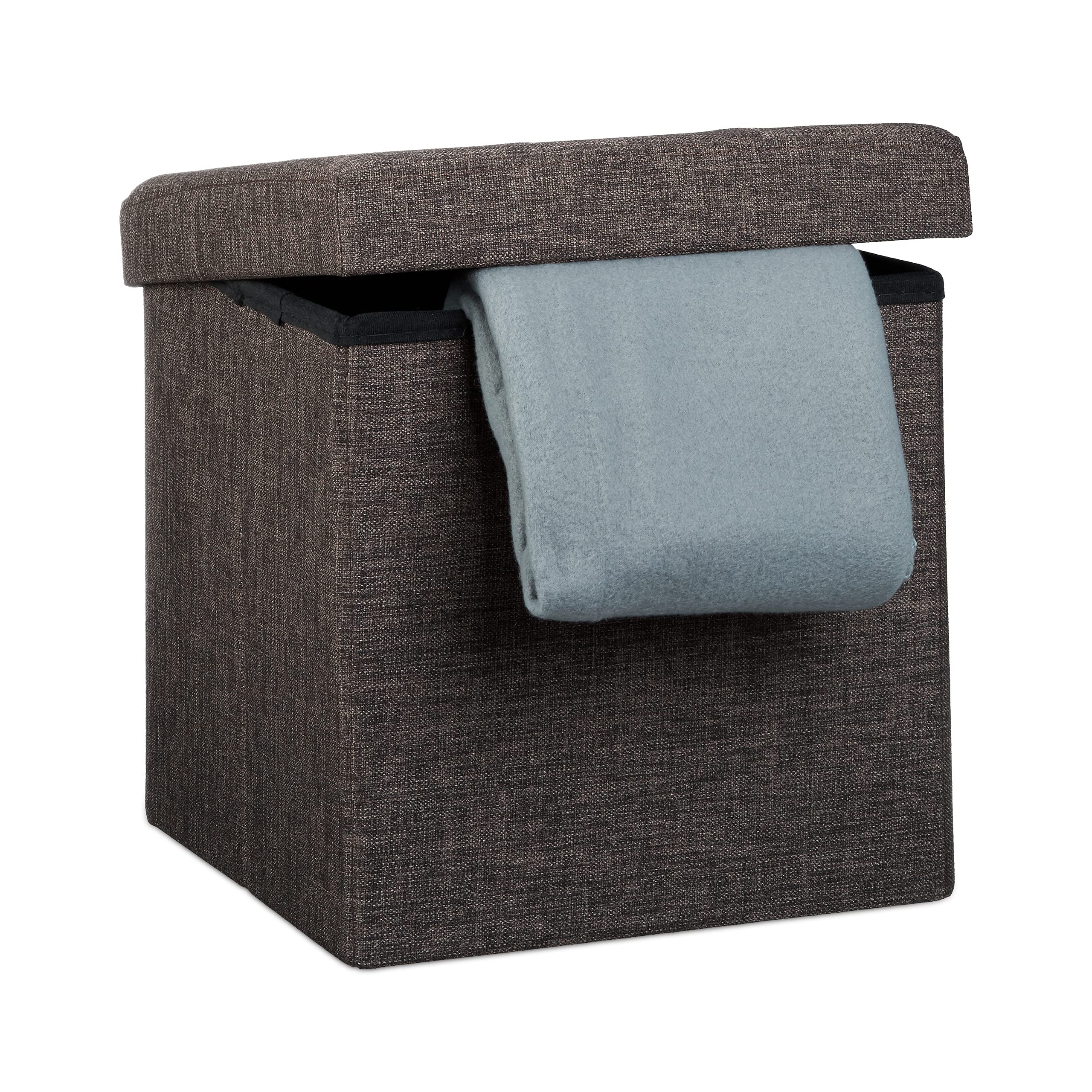Relaxdays Otomana Plegable, Guarda Mantas Salón, Taburete Puff Lino, Tapa Extraíble, para Pies Sofá, 38x38x38 cm, Marrón