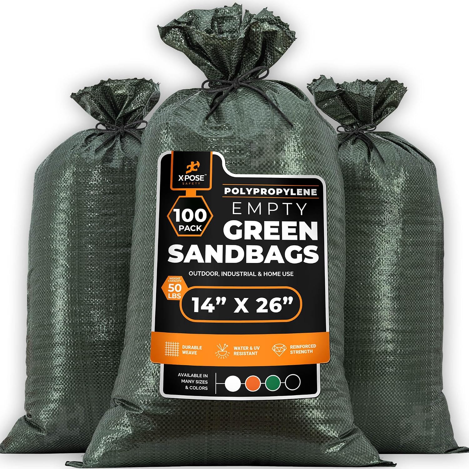Xpose Safety Heavy Duty Sand Bags with Tie Strings  Empty Woven Polypropylene Sandbags for Hurricane Flood Protection, 50 lb Capacity, 14" x 26", Green, Pack of 100