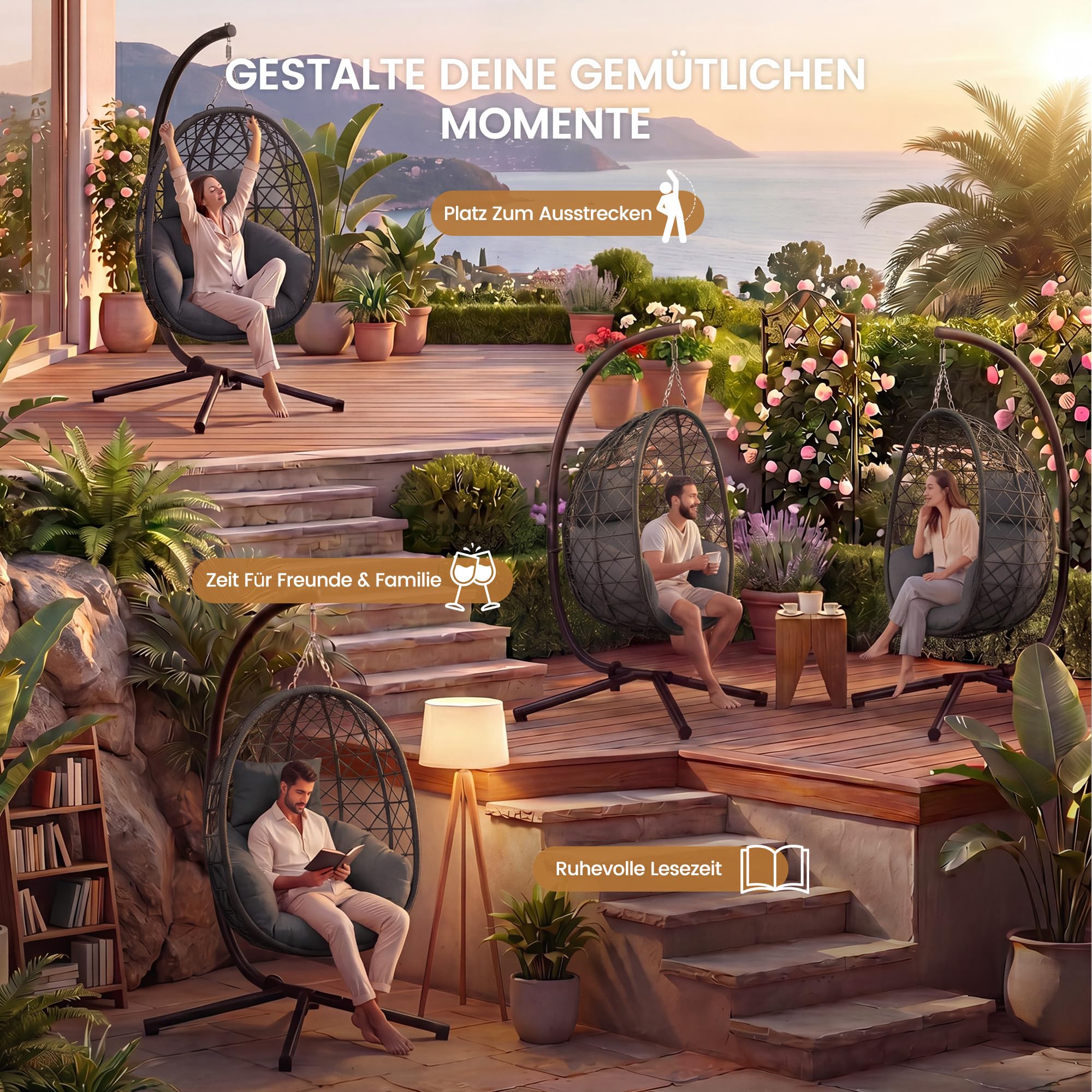 UDPATIO Hängesessel Outdoor mit Gestell, Indoor Hängeschaukel, Hängestuhl bis 160kg, Relaxschaukel mit 18cm Dicke Kissen, Schaukel Sessel Garten, Balkon, Grau