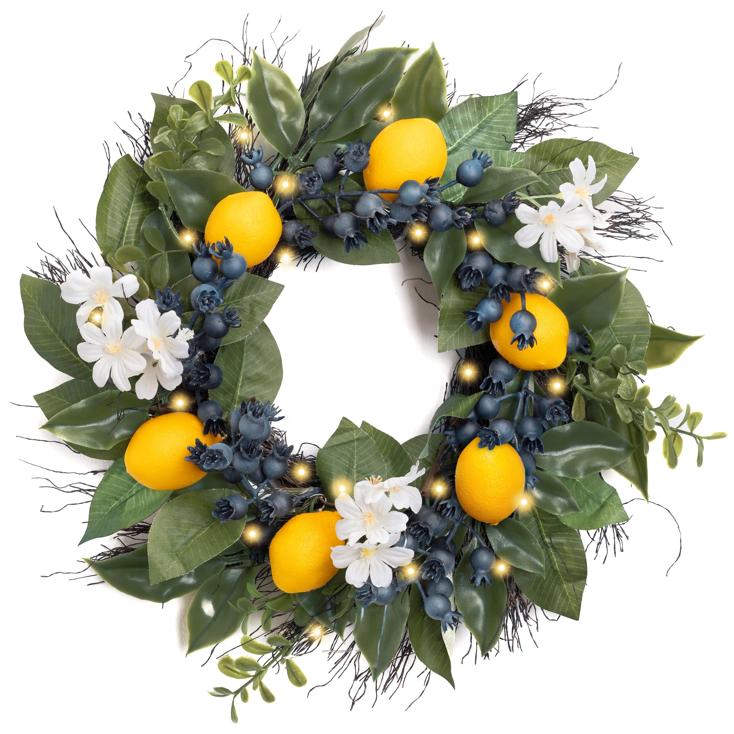 Valery Madelyn Summer Artificial Lemon Wreaths for Front Door with Lights, Spring Summer Door Wreath with Eucalyptus Greenery Leaves Blueberry for Farmhouse Fall Home Kitchen Party Wall Decor-14''
