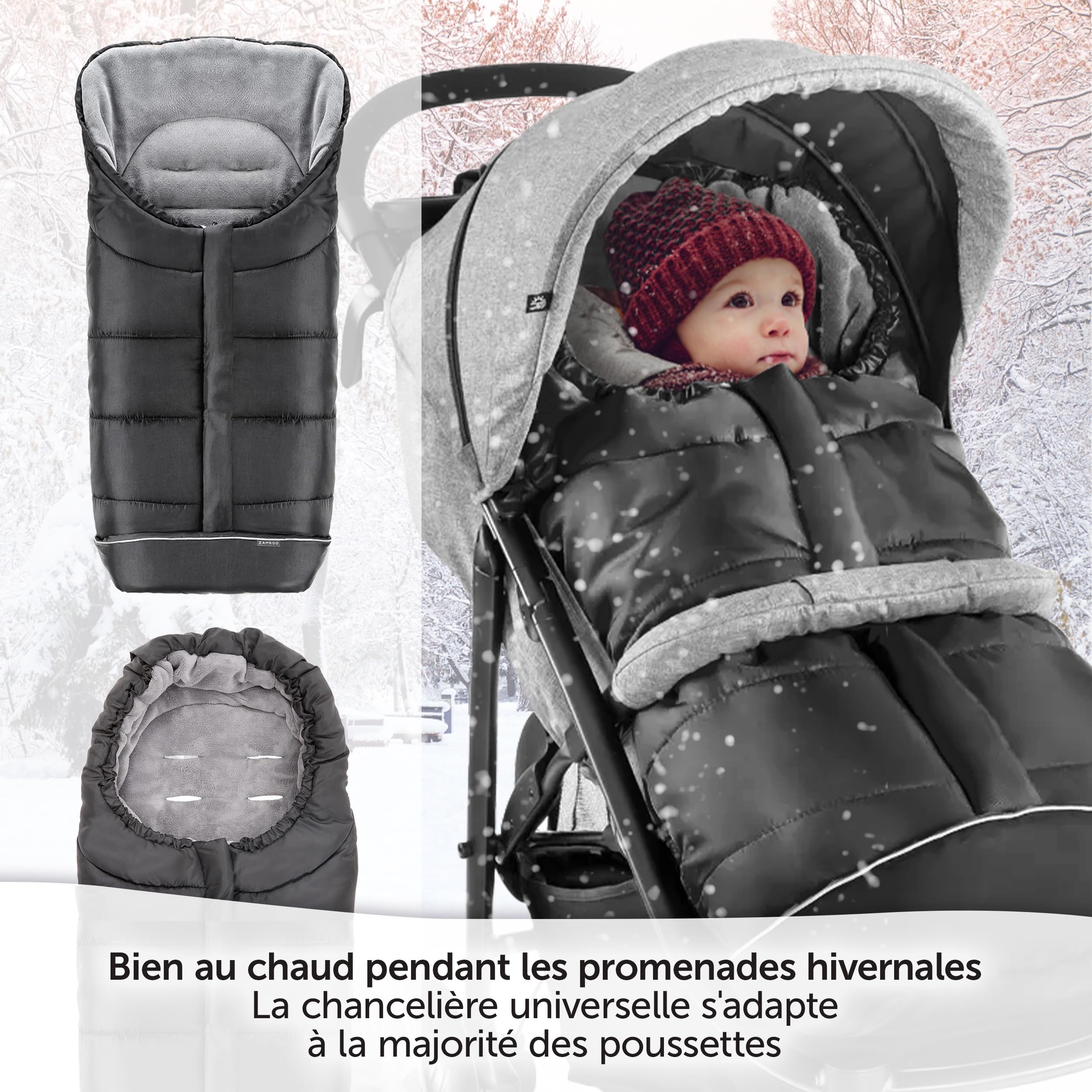 Zamboo Chanceliere Universelle Hiver pour Poussette et Landau – Nid d'ange Bebe en Polaire Thermique, Sac de Rangement, Antidérapant et Bandes Réfléchissantes – Noir