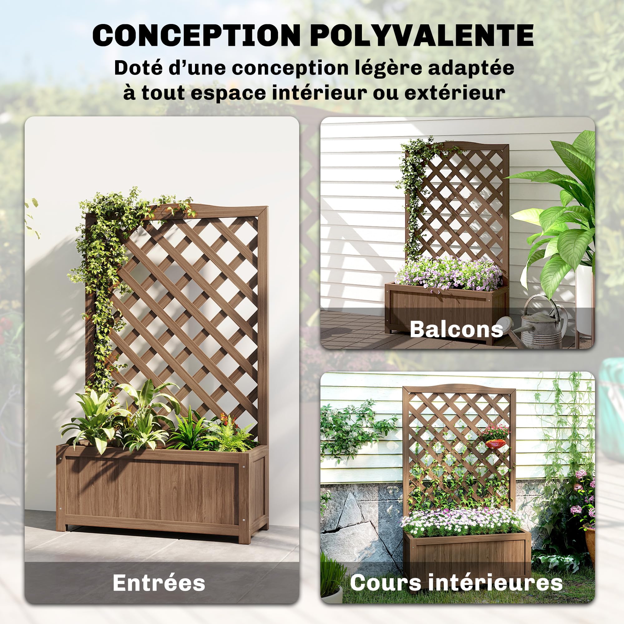 Outsunny Jardinière avec Treillis, Bac à Fleurs, Bois Massif, 70 x 28 x 117 cm, Café Foncé