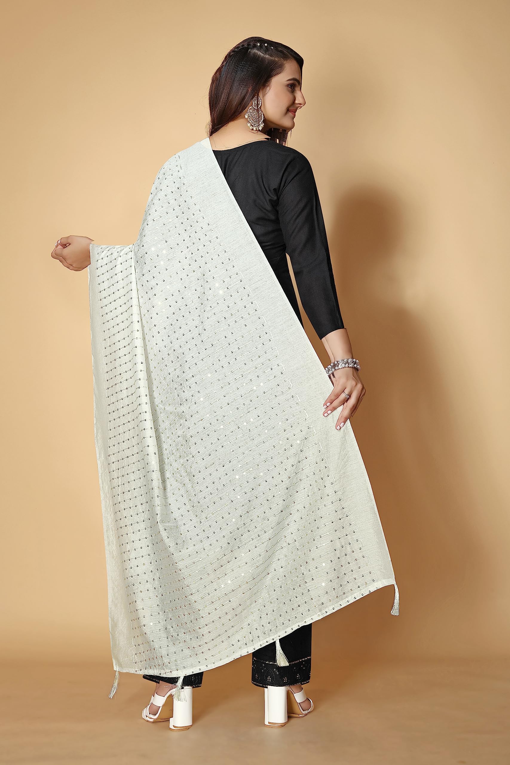 KEMZA Women's Embroidered Mirror Cotton Dupatta (White_Free size) with Rajasthani Aari Work - Image 4 thumbnail