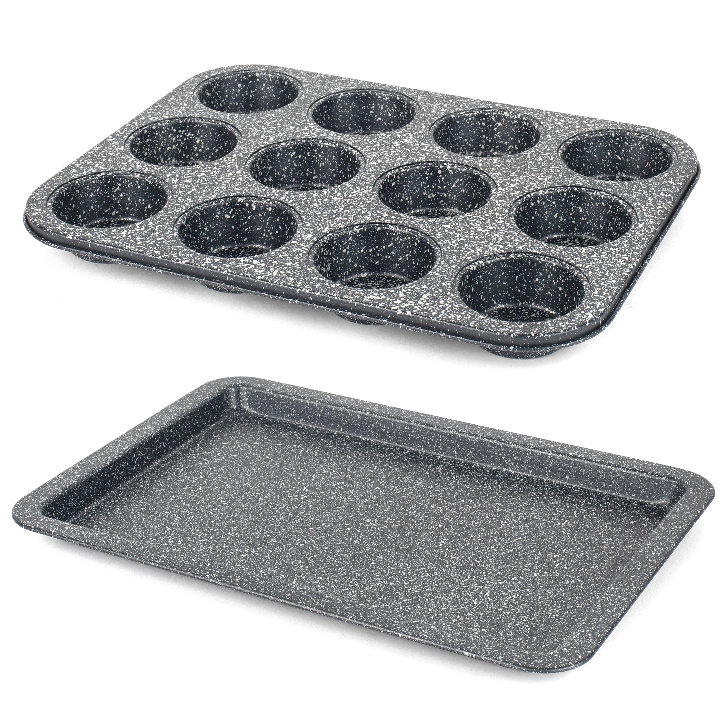 Salter COMBO-9139 Megastone Baking Tray & Muffin Tin Set – 12-Cup Cupcake Pan, 37cm Large Non-Stick Flat Oven Sheet, Carbon Steel, Easy Clean for Baking/Roasting, Cake Tins, Strong/Durable, PFOA-Free