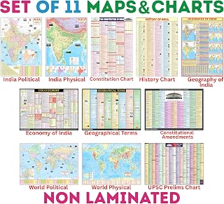Complete set of UPSC Maps & Charts | set of 11 | India & World Map ( Both Political & Physical ) with Constitution of Indi... Price In India