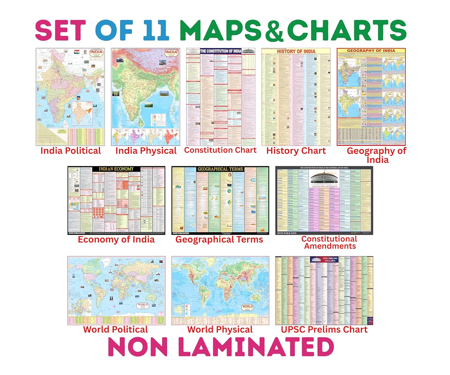 Complete set of UPSC Maps & Charts | set of 11 | India & World Map ( Both Political & Physical ) with Constitution of India, Constitutional Amendments, Indian History, Indian Economy