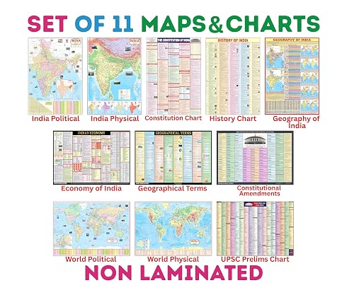 Complete set of UPSC Maps & Charts | set of 11 | India & World Map ( Both Political & Physical ) with Constitution of India, Constitutional Amendments, Indian History, Indian Economy