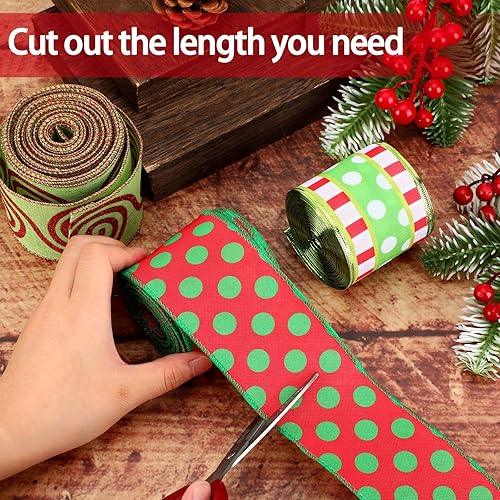 Miniatura 7 de 3 rollos de cinta de Navidad con alambre de 30 yardas, cinta de envoltura de Navidad roja y verde lima, 2.56 pulgadas de ancho, cintas de tela de
