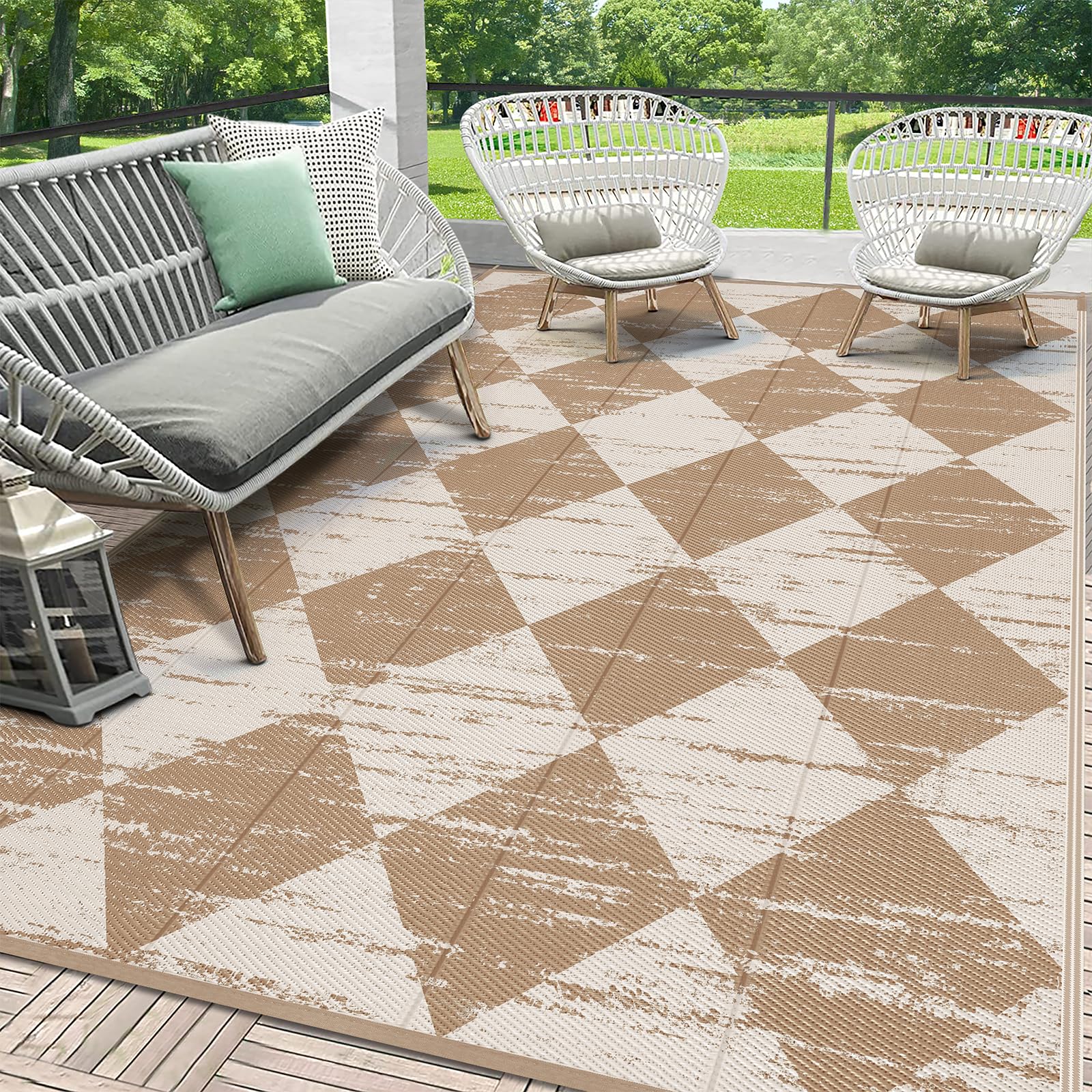 HEBE Outdoor Rug Waterproof 5'x8', Checkered Reversible Plastic Patio Rug