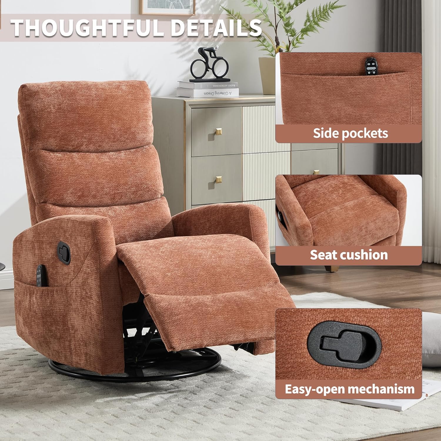 KEIKI 4-in-1 Manual Swivel Rocker Recliner Chair for Home Living Room, Chenille Chair with Back Massager & Heat, Home Theater Seating with Lumbar Support, Comfortable Portable Chair for Adult, Orange