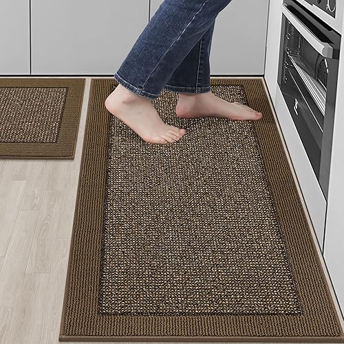BEQHAUSE Juego de 2 alfombras y tapetes de cocina antideslizantes para piso, absorbentes y resistentes a las manchas, lavables a máquina, para