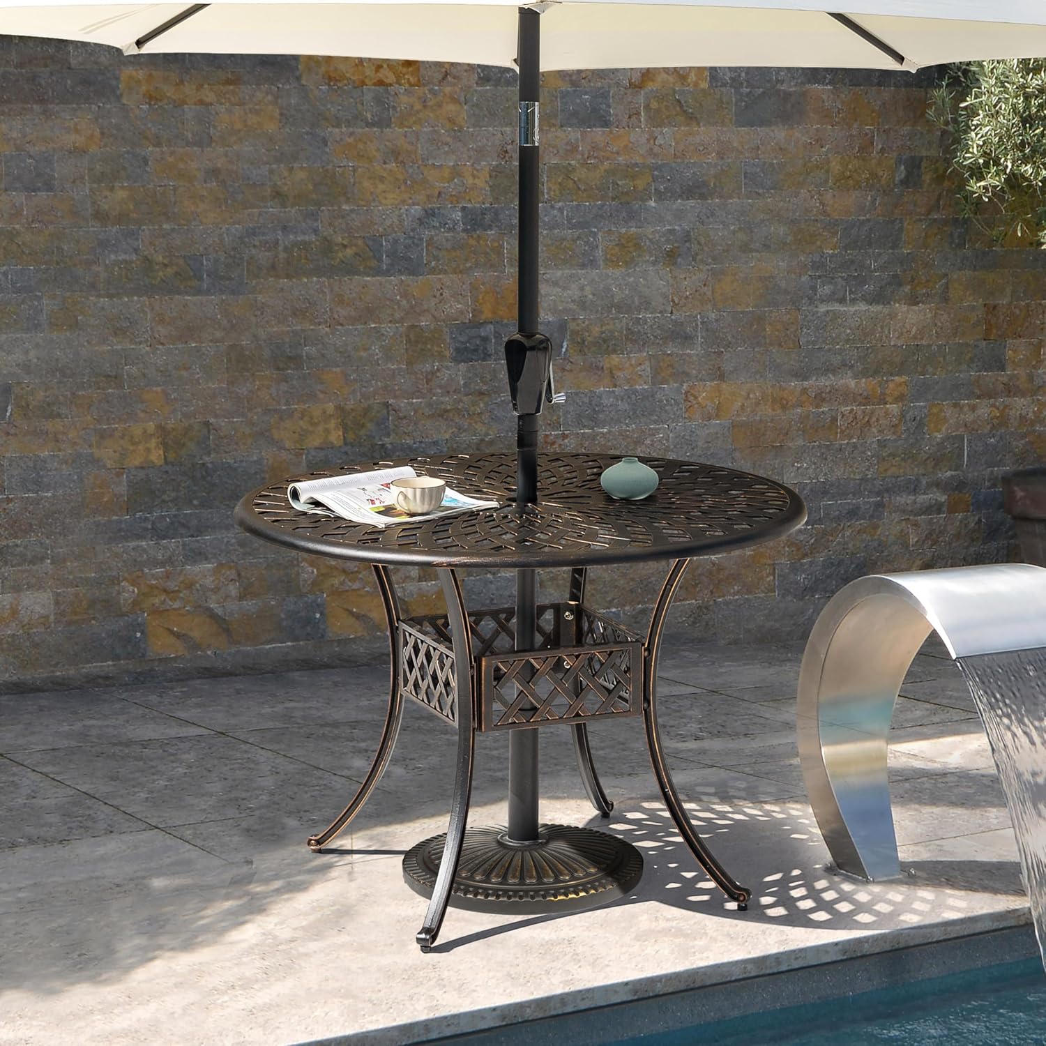 NUU GARDEN Round Patio Umbrella Base, Weighted Umbrella Base with Hand-turn Knob, for Garden, Backyard, Poolside