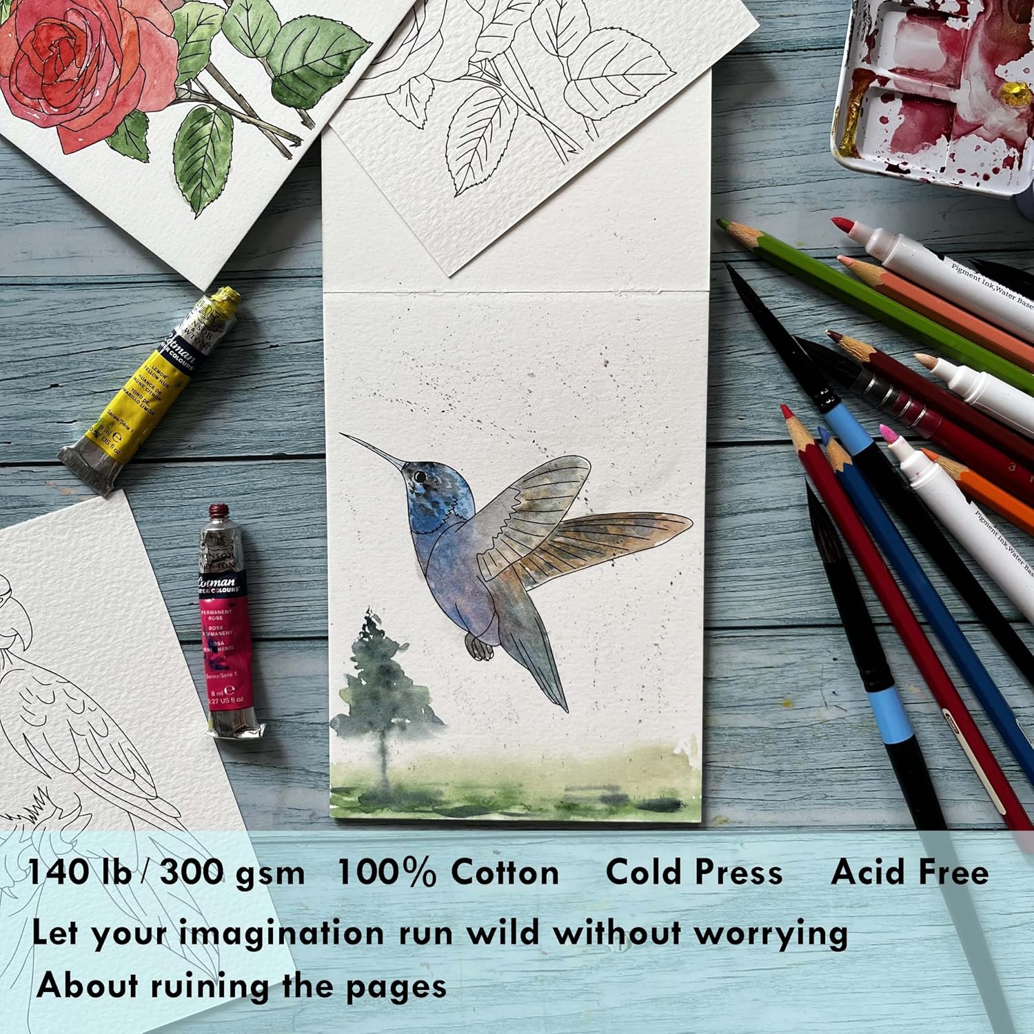 tumuarta Watercolor Coloring Book, 20 Unique Designs, 5x7”, 100% Cotton, 300GSM, 140 LB, Cold Press, Acid Free Watercolor Paper, Glue Bound Mixed Media Sketch Book Birds