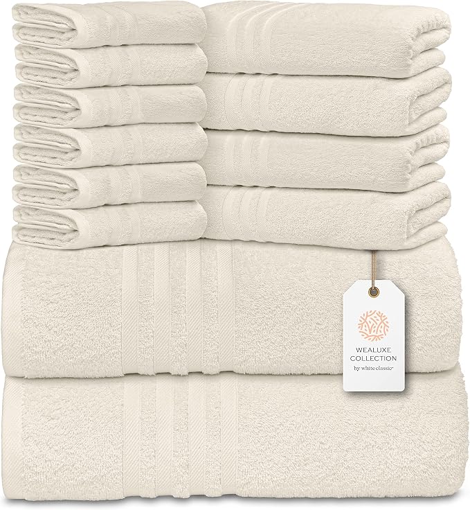 White Classic 12 Piece Bath Towel Set for Bathroom - Wealuxe Collection 2 Bath Towels, 4 Hand Towels, 6 Washcloths 100% Cotton Soft and Plush Highly Absorbent, Soft Towel for Hotel & Spa - Ivory