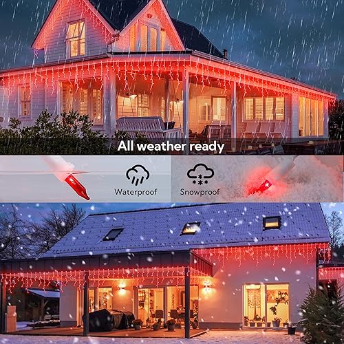 Miniatura 3 de BEEWIN 200 luces rojas de carámbano de 23 pies, cable blanco, mini luces enchufables con 40 gotas, cortina colgante de luces de hadas conectables