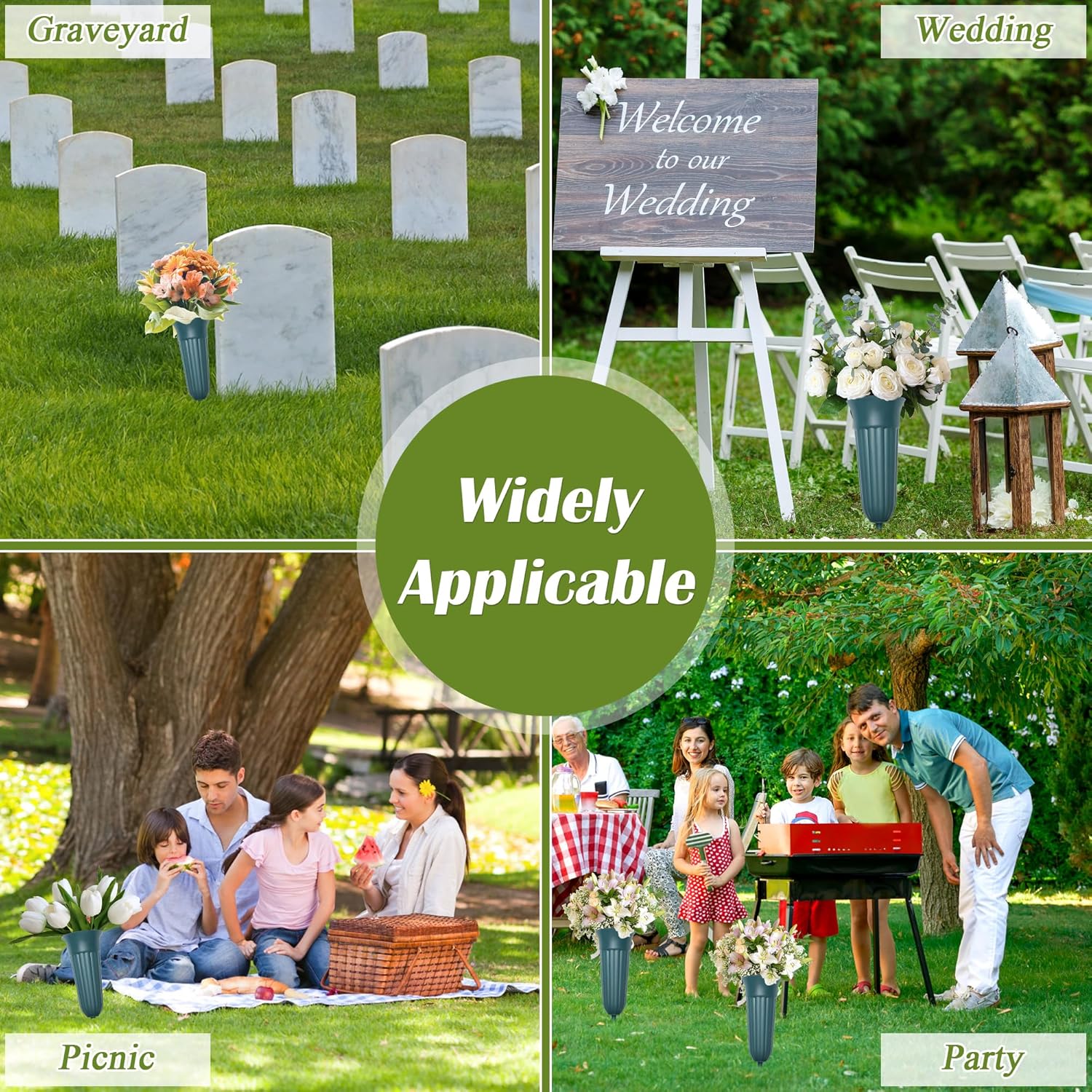 8Pcs Cemetery Vases for Grave, 4 Large and 4 Small Grave Vases for Cemetery with Stake, Durable Plastic Memorial Vase for Outdoor Use