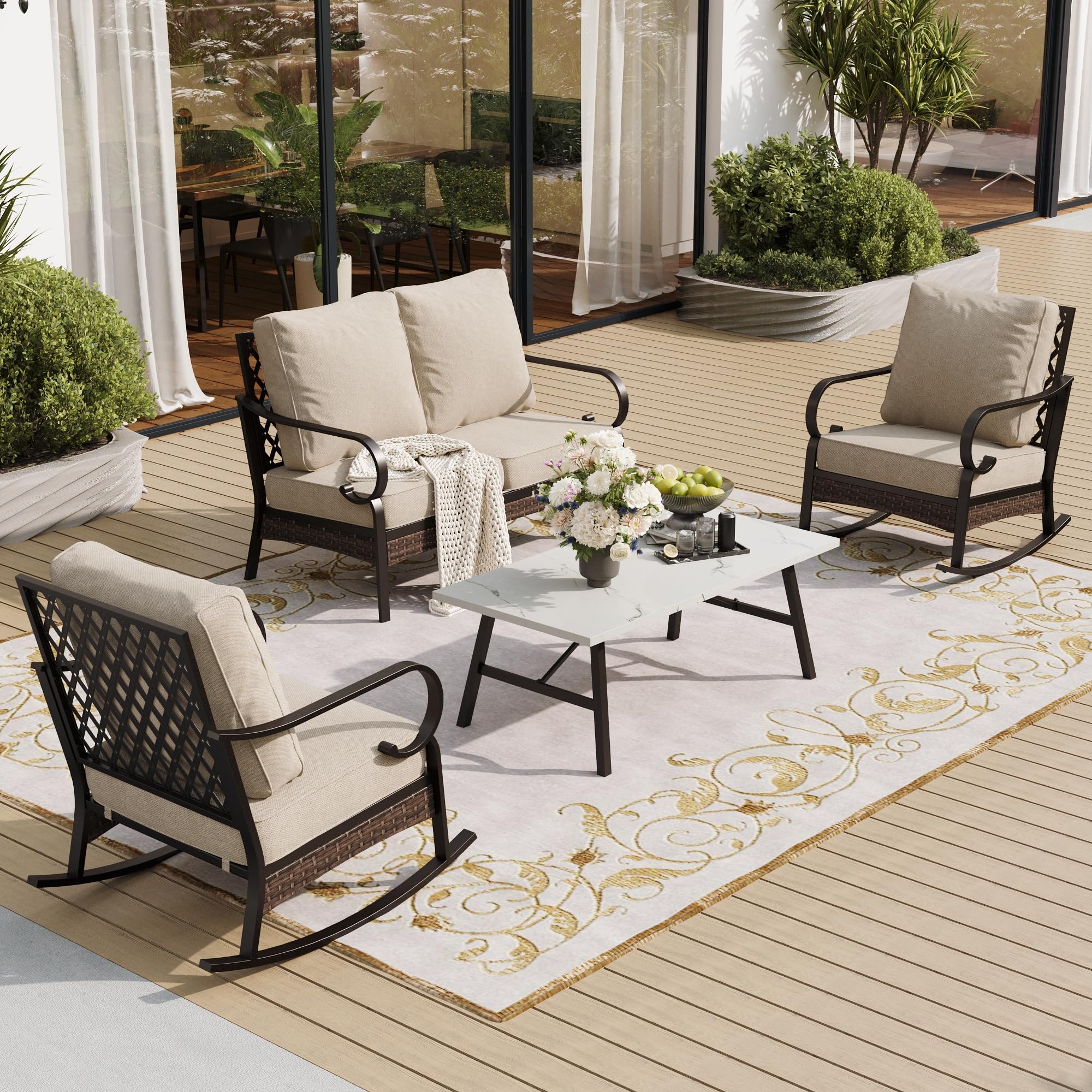 SUNSHINE VALLEY 4 Piece Metal Outdoor Patio Furniture Sets, Patio Conversation Sets 1 Loveseat, 2 Rocking Sofa with 5.75" Extra Thick Cushion and