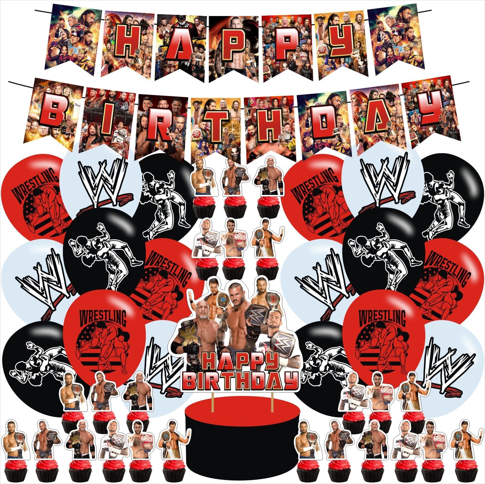 Wrestling birthday party supplies,Wrestling Boxing Match party including cake caps, cupcake caps, flags, Latex Balloons, It is very suitable for birthday party supplies.