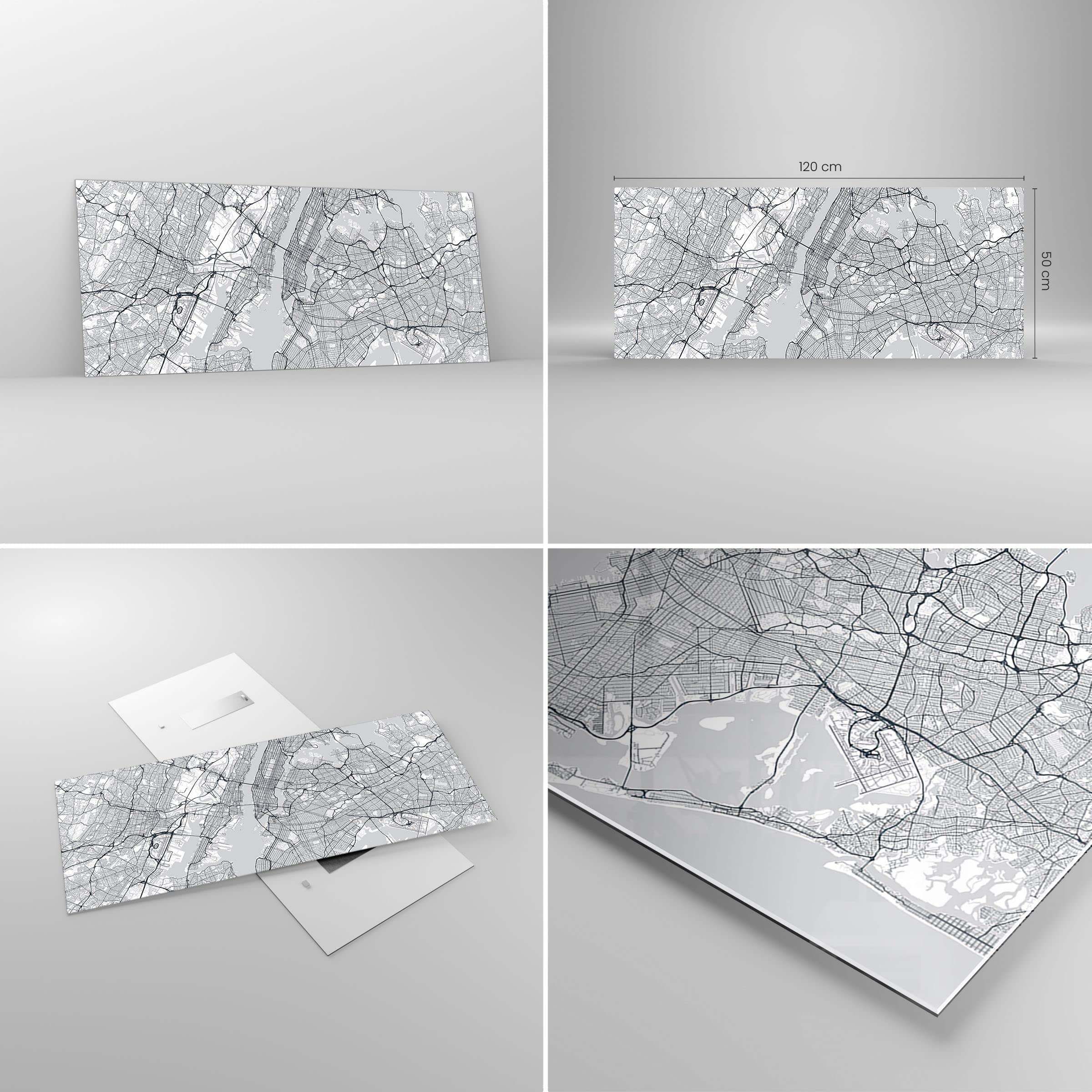 Deco Cadre Salon New York Carte Moderne Impression sur Verre 120x50cm Image Tableau en Verre Decoration Murale Chambre Cuisine Panoramique Art Wall Grand Tableaux Decoratifs Muraux GAB120x50-5039